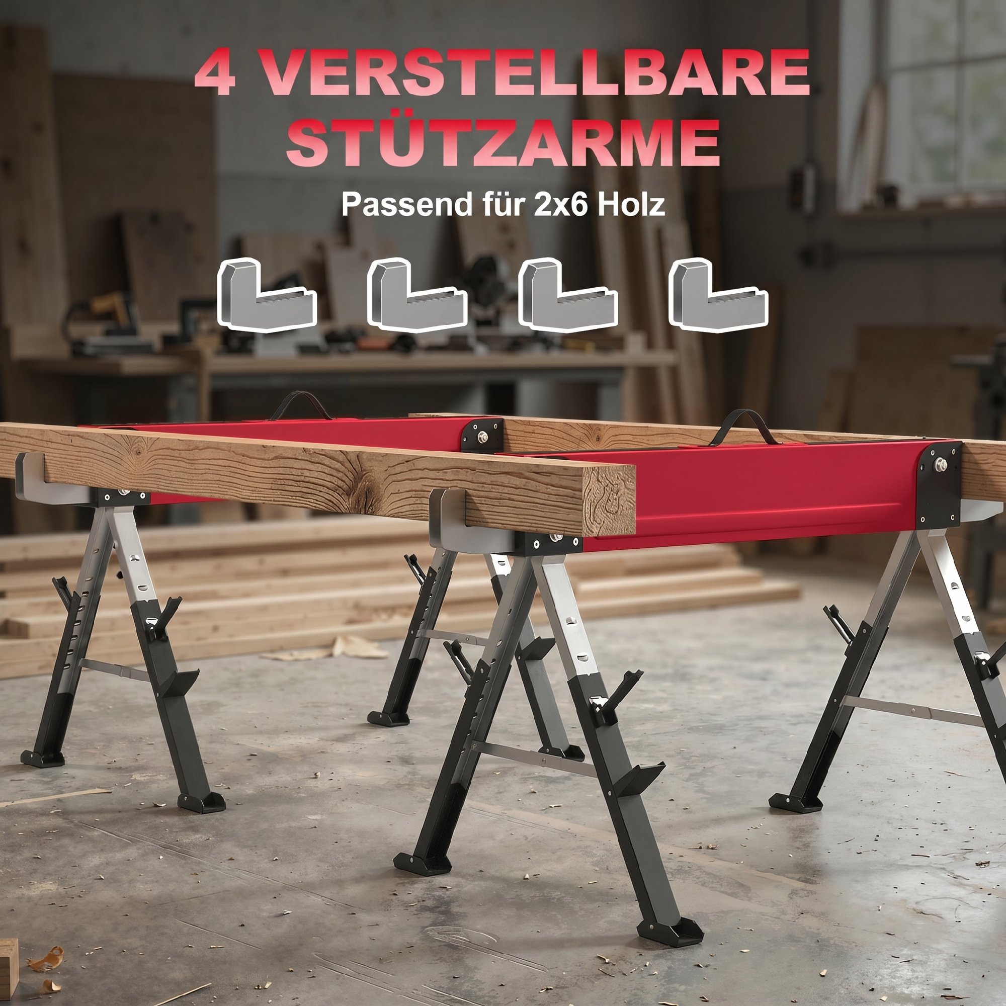 2er Set Arbeitsbock bis 1160 kg klappbar Sägebock 7-fach höhenverstellbar 64-81 cm Gerüstbock aus Metall mit Griff Rot
