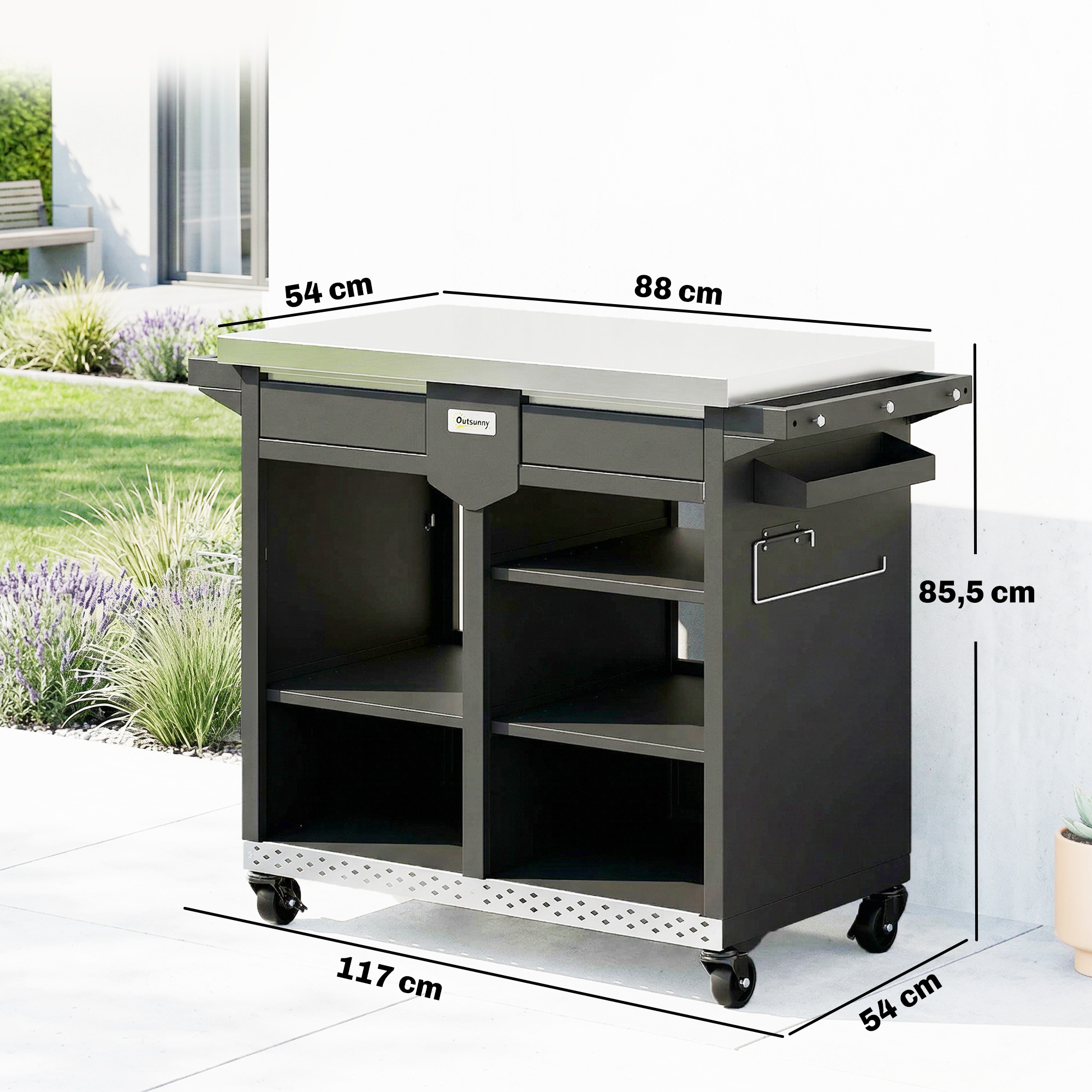 Grillwagen 5-Etagen Grilltisch mit Edelstahl Arbeitsfläche verstellbar Regale Schublade Rollen Gewürzhalter Müllständer
