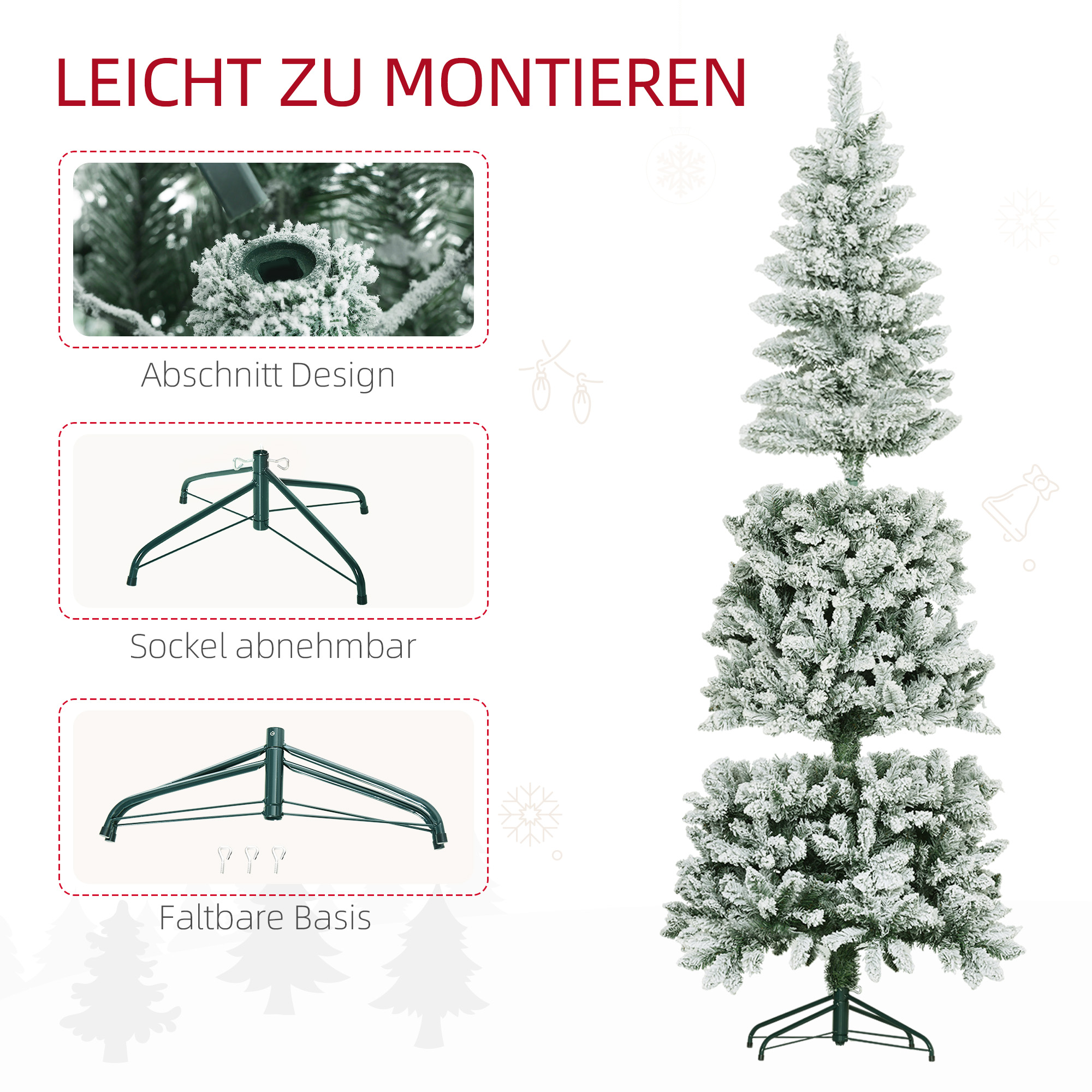 Künstlicher Weihnachtsbaum, schlanke Form, Kunstschnee, dreiteilig, flammhemmend, Metallfuß, 180 cm, Grün