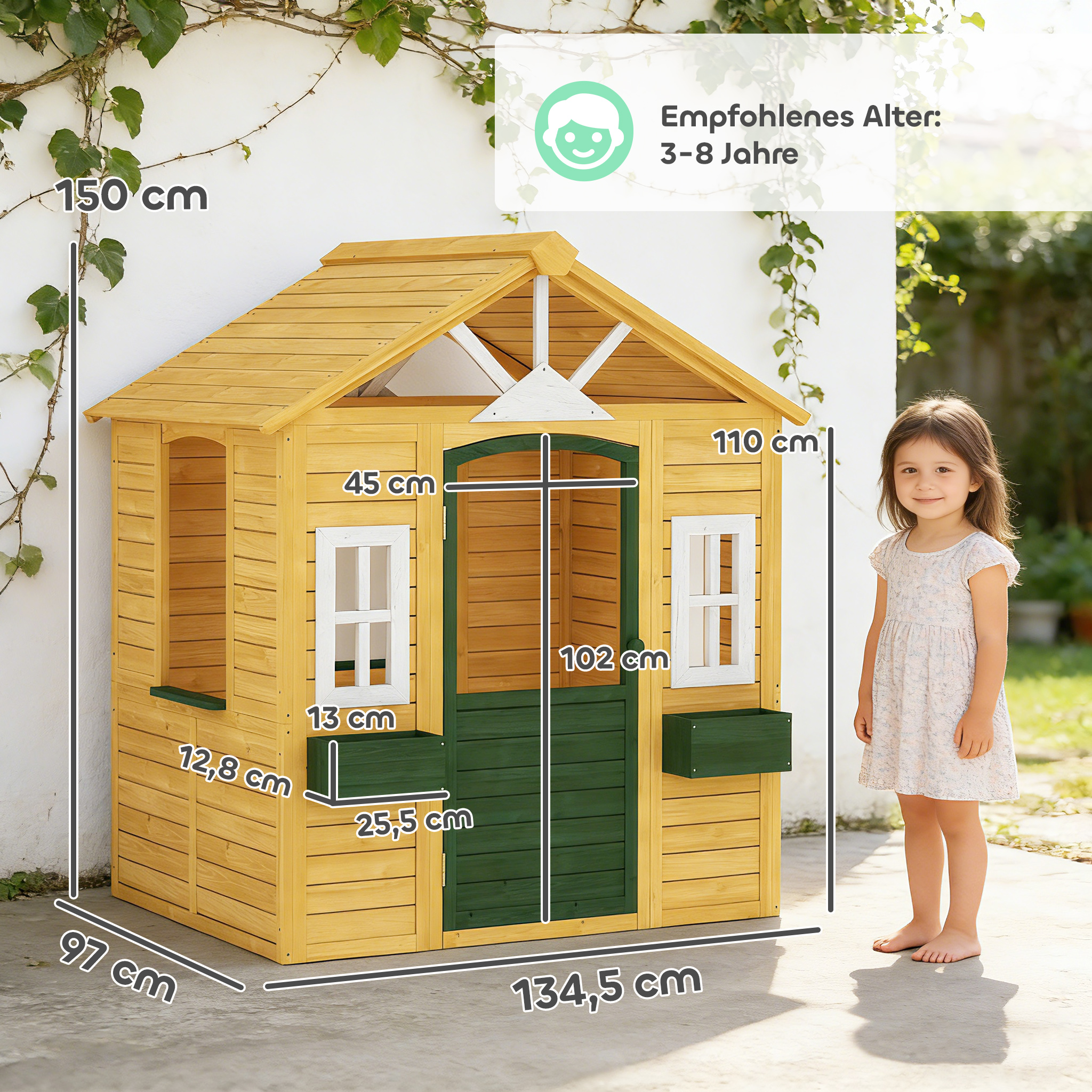 Kinderspielhaus Holz Spielhaus Outdoor mit Tür 3 Fenster 2 Blumenkästen für 3-8 Jahre Kinder 134,5 x 97 x 150 cm Braun