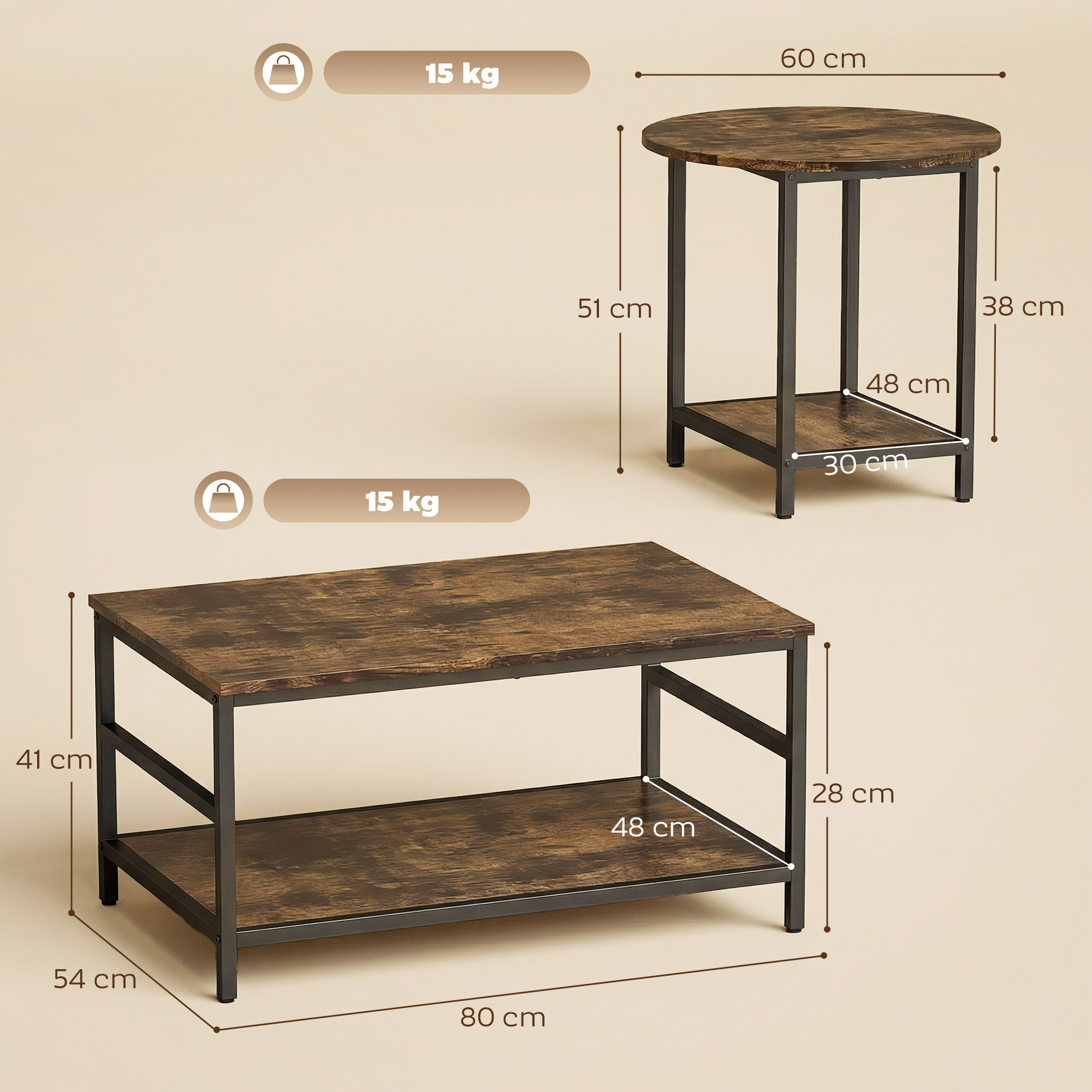 Couchtisch-Set, 2-teilig, rechteckiger und runder Tisch mit 2-stufigem Stauraum, für Wohnzimmer, Rustikal-Braun