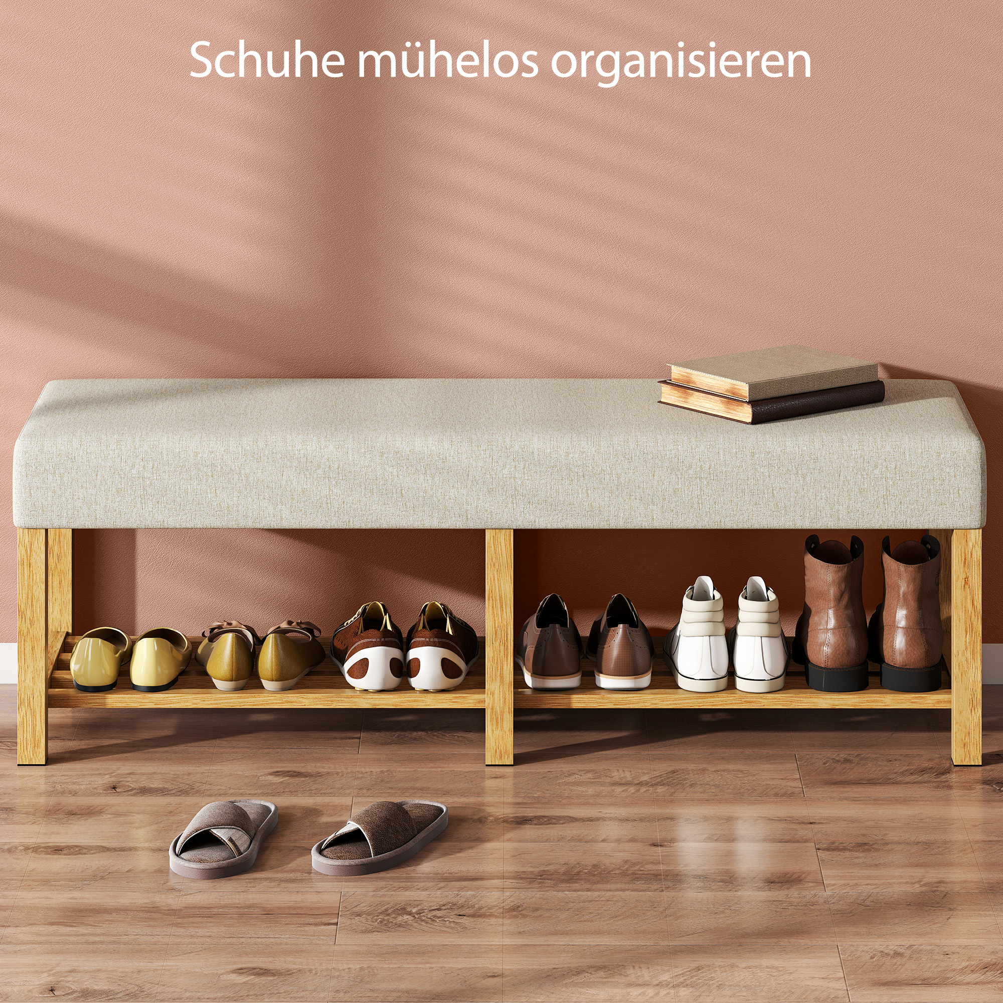 140 cm Schuhbank aus Massivholz, moderne Flurbank mit gepolsterter Sitzfläche für zwei Personen, Naturholz und Cremeweiß