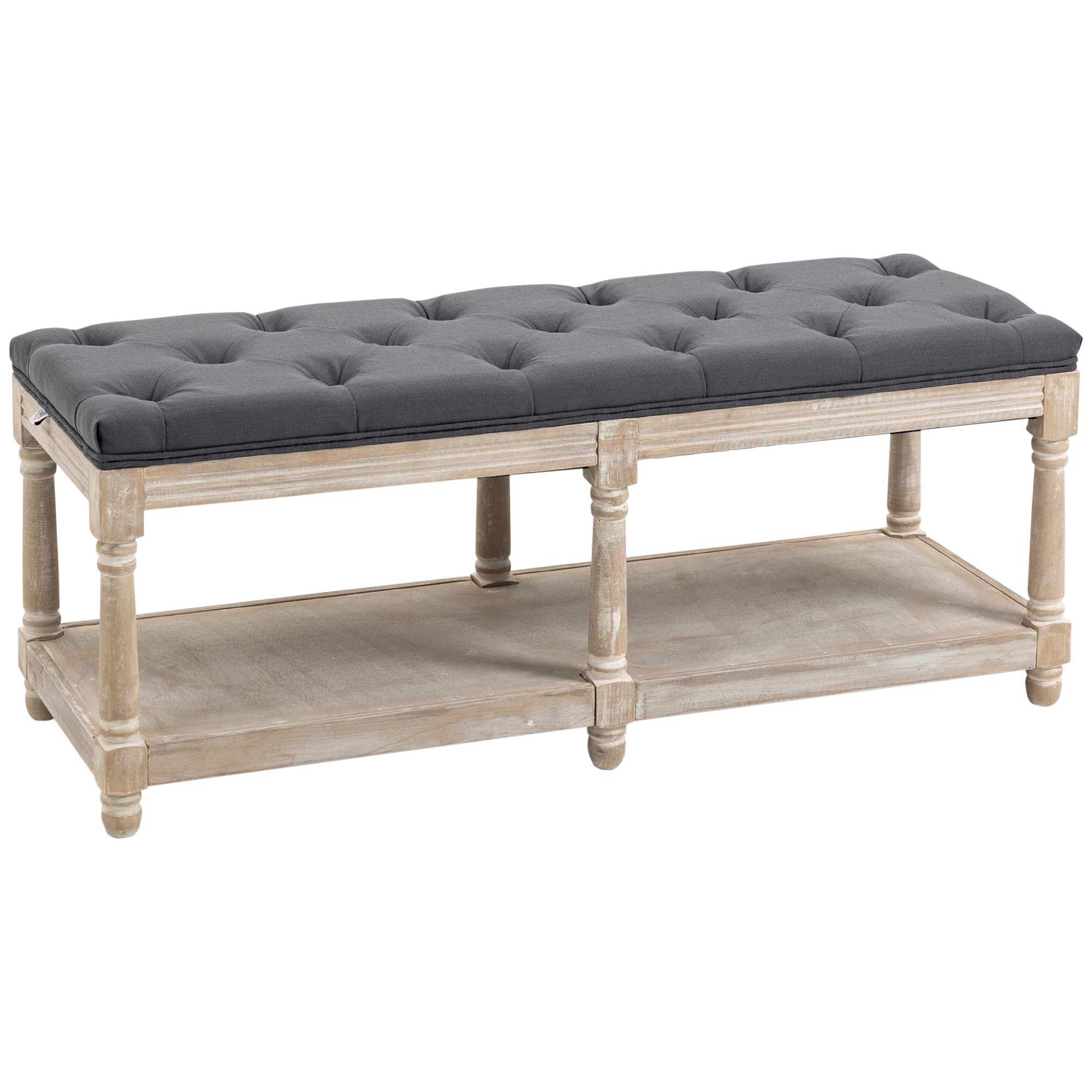 Sitzbank mit Stauraum, Vintage-Design, Knopfheftung, Kautschukbaumholz, 115x40x48cm, Grau Sitzbank mit Stauraum, Vintage-Design, Knopfheftung, Kautschukbaumholz, 115x40x48cm, Grau