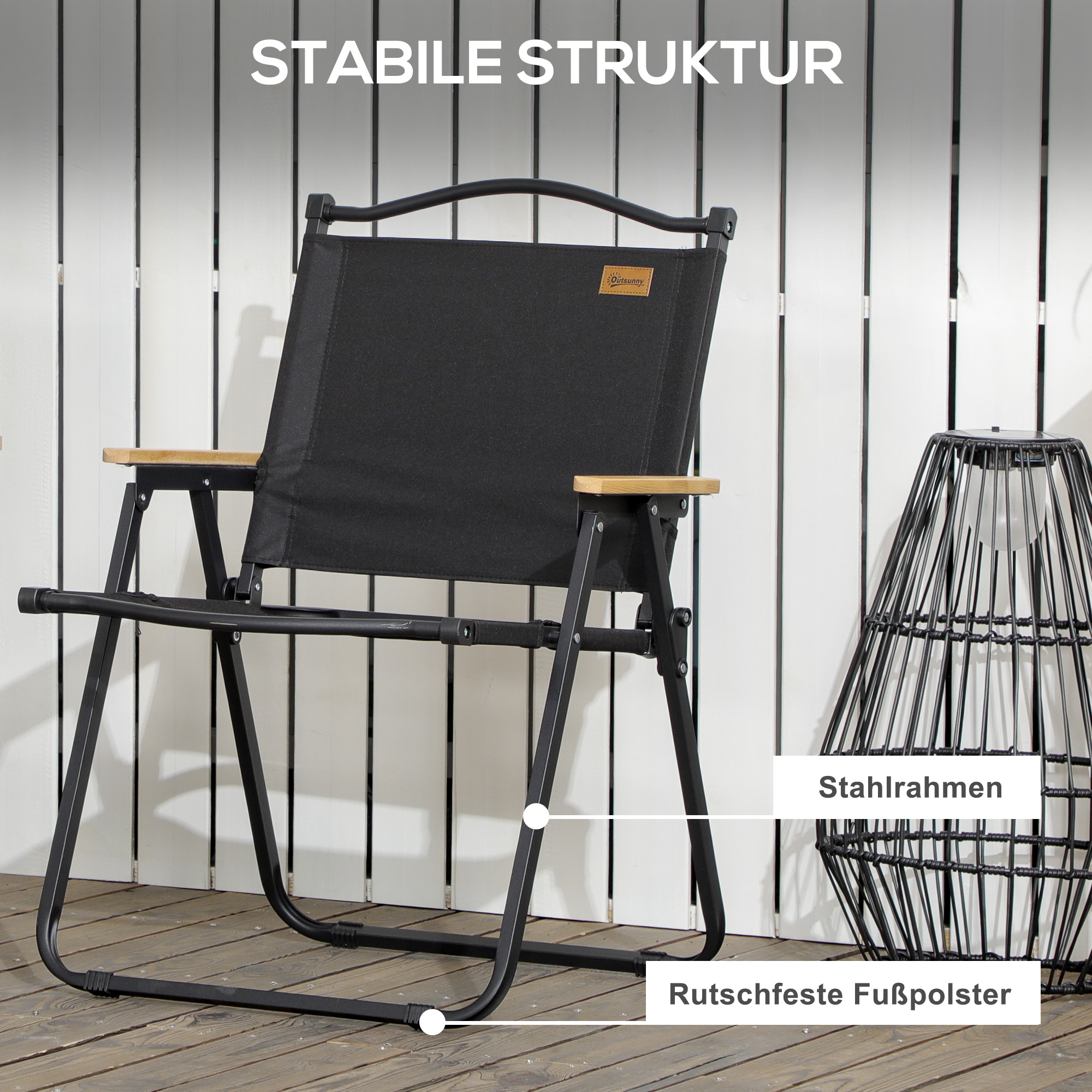 Campingstühle, 2 x Strandstuhl, faltbar, Stahl, Holzoptik, Schwarz