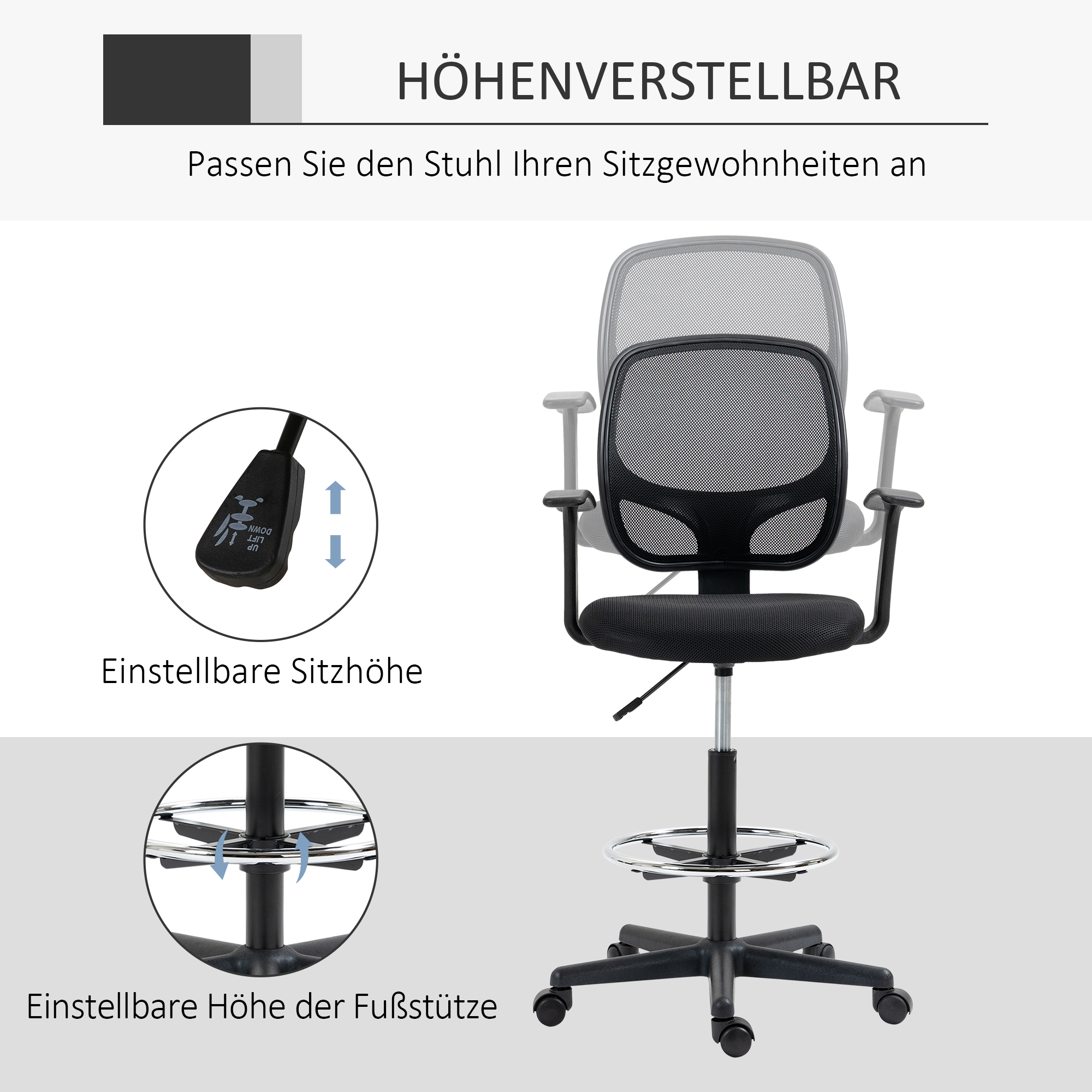 Zeichenstuhl mit Fußstütze 5 Rollen höhenverstellbar Stahl Mesh-Stoff Schwarz