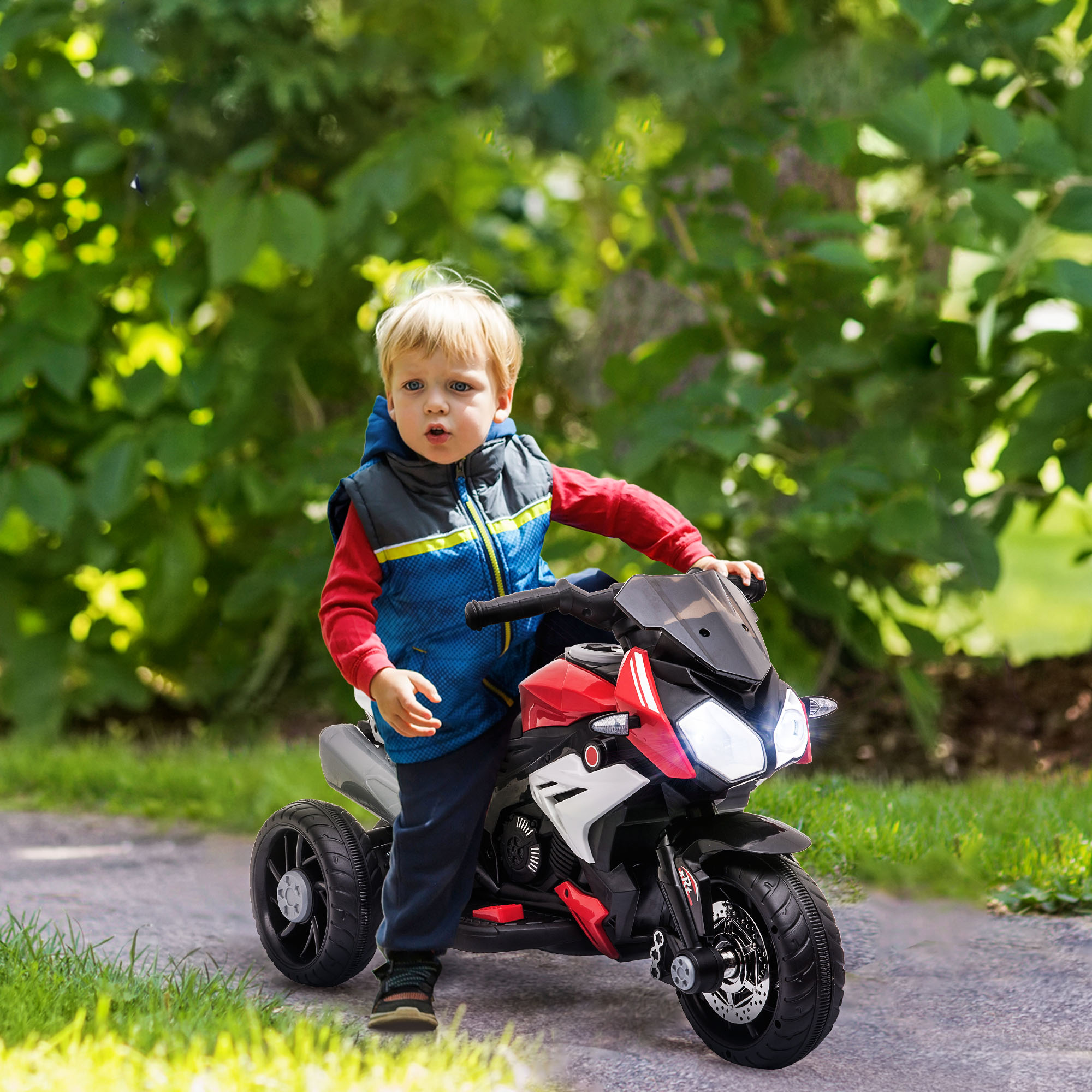 Elektro-Kindermotorrad, Lichter & Geräusche, 3 km/h, wiederaufladbar, Kunststoff & Metall, Schwarz/Rot