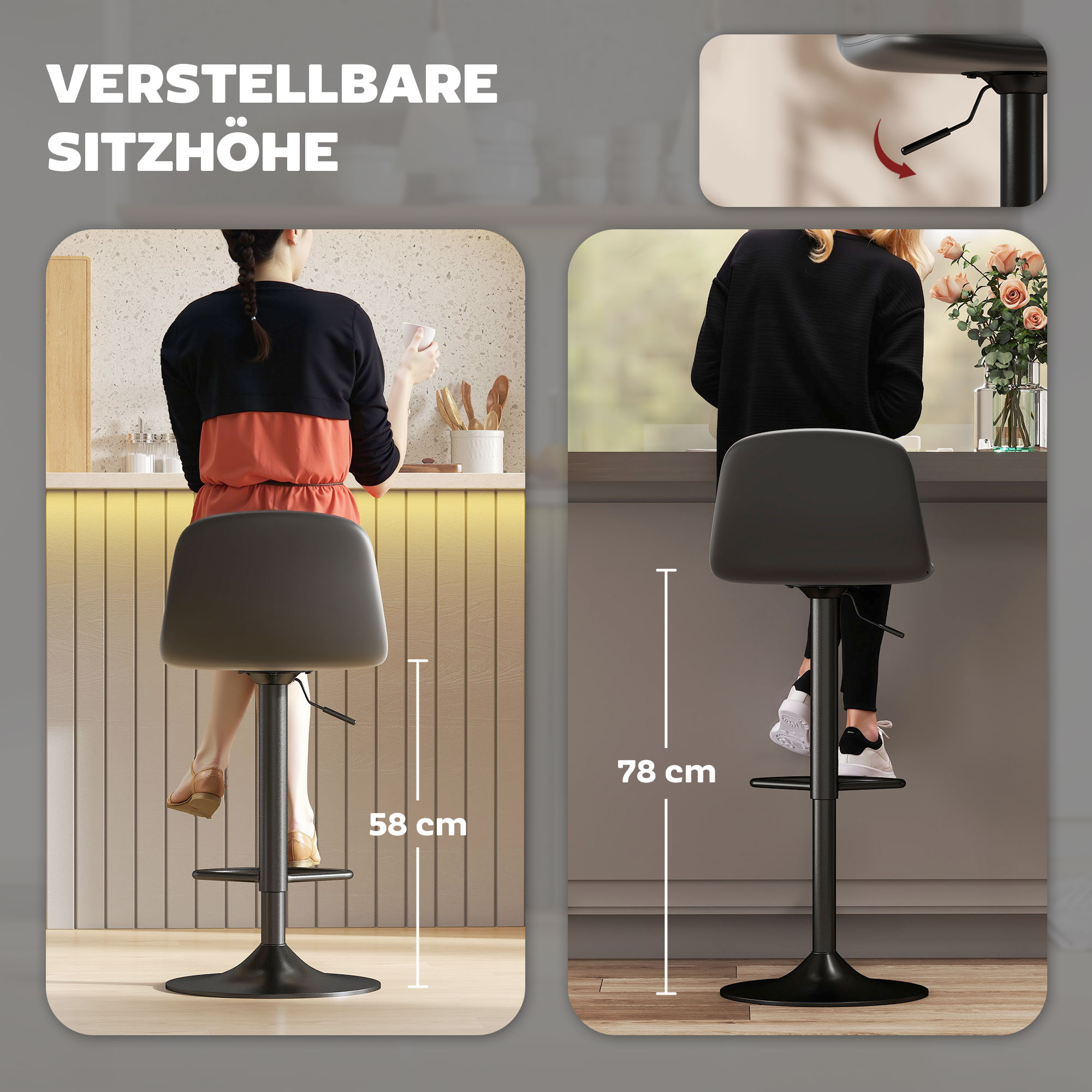 2er-Set Barhocker, Barstühle mit Kunstlederbezug, drehbar, mit Rückenlehne und Fußstütze, Metallbasis, Schwarz