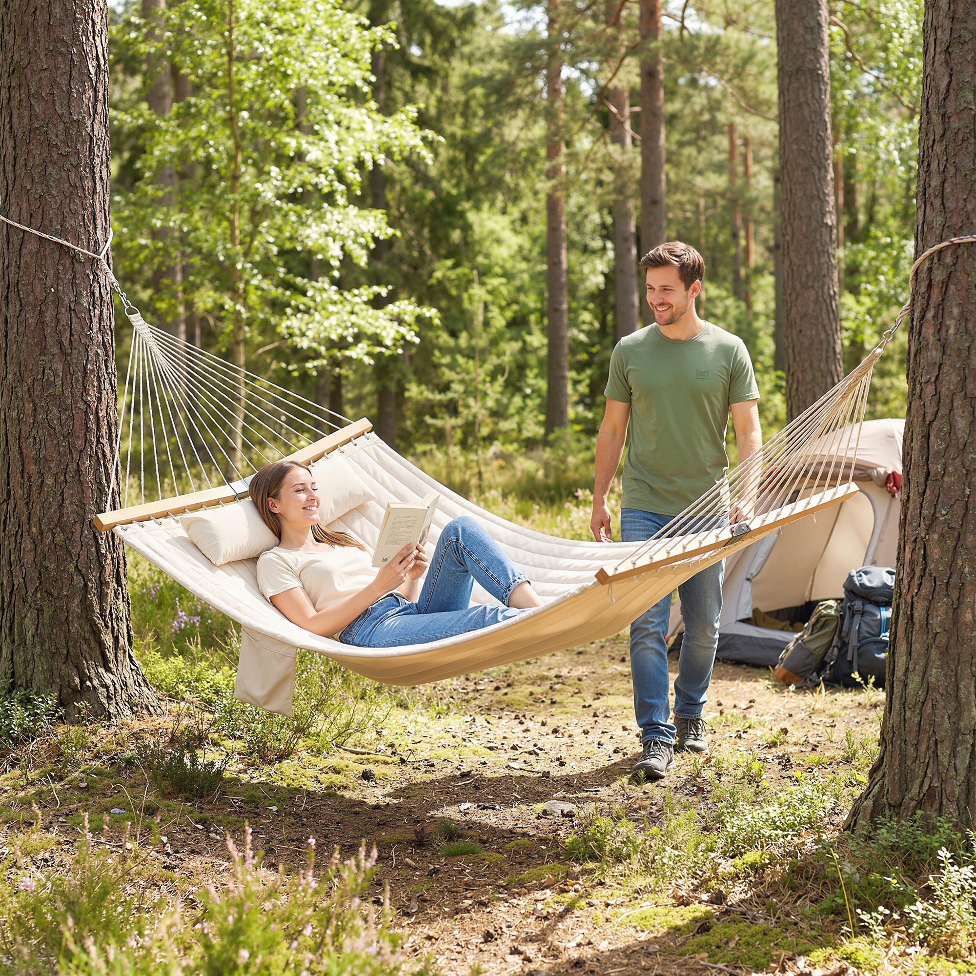 Hängematte Outdoor 200x140cm, zweilagig Hängematte mit Kopfstütze Magazintasche Holzstäbe bis 200kg