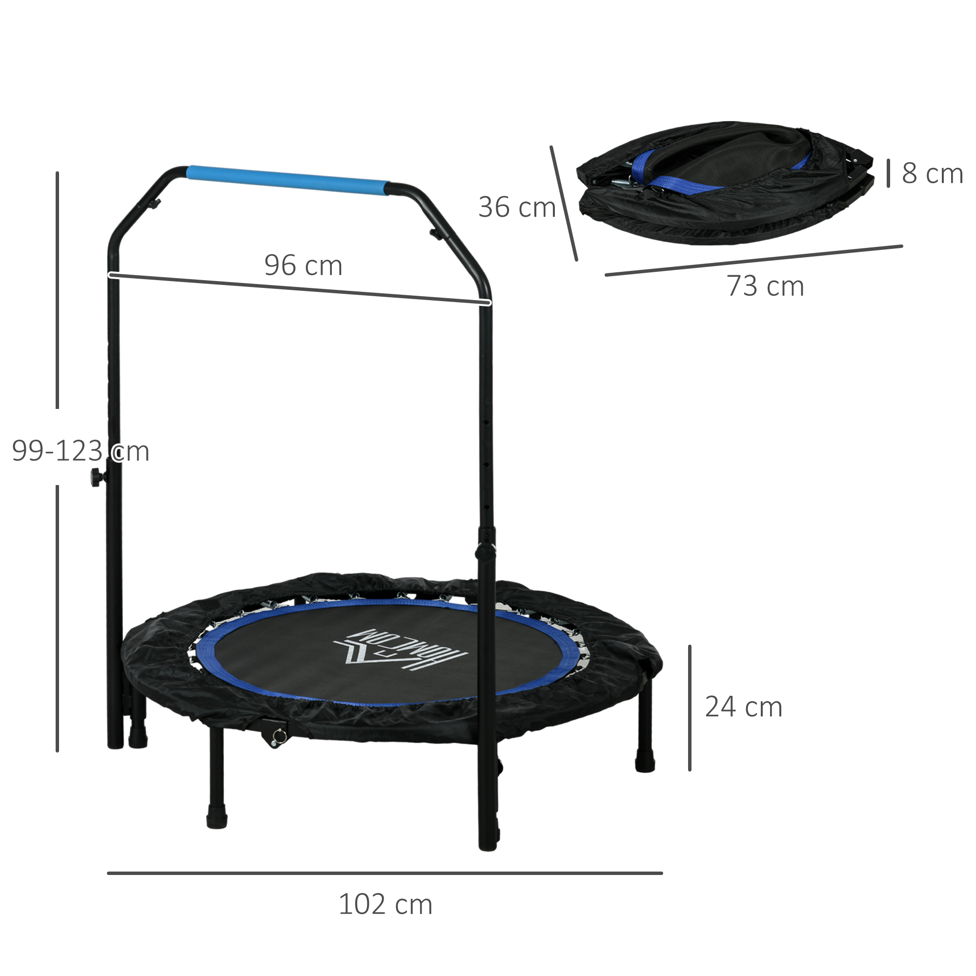 Fitnesstrampolin, klappbar, verstellbarer Haltegriff, Ø102x123H cm, bis 150 kg, Schwarz/Blau