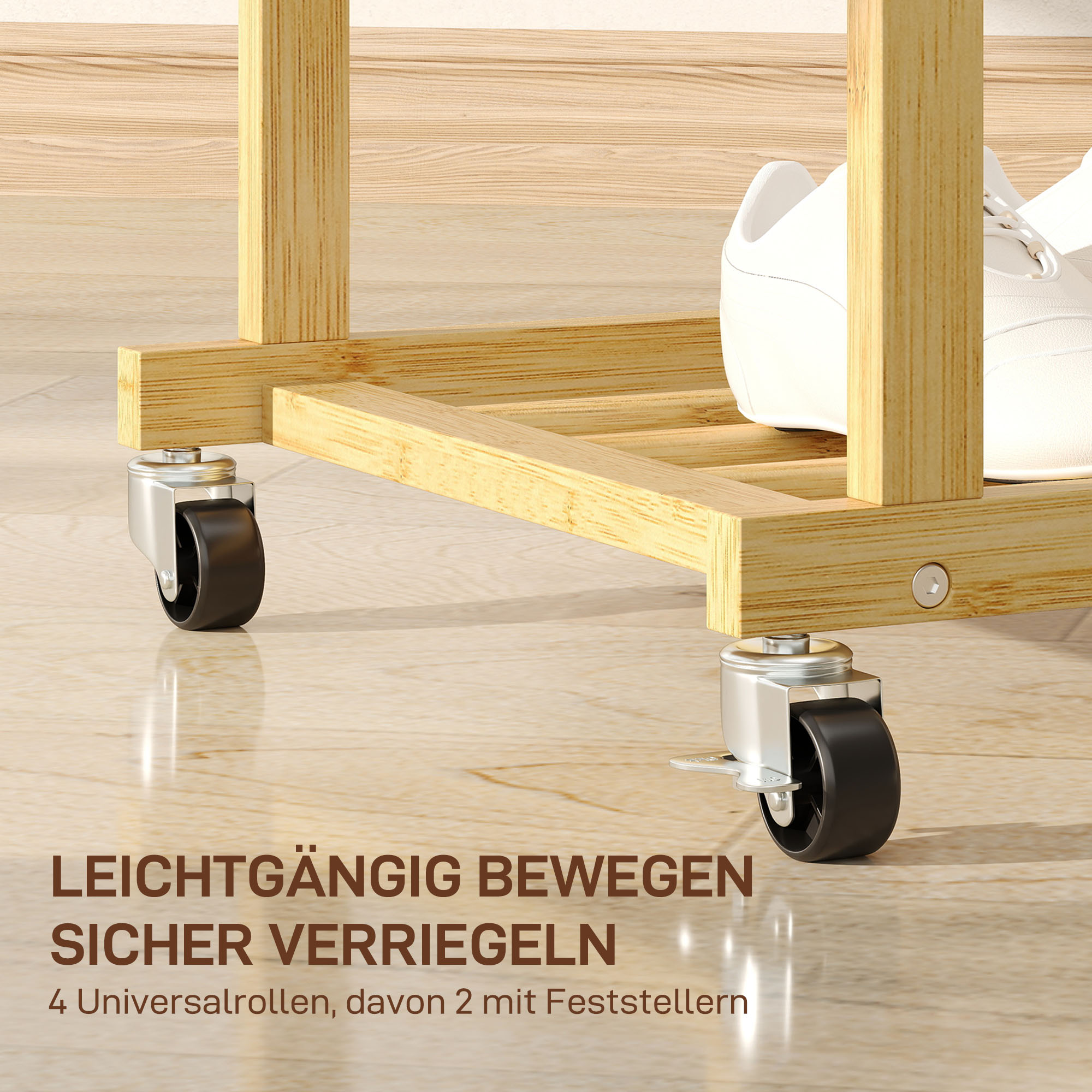 Kleiderständer mit Rollen, Garderobenständer mit Kleiderstange, Schuhablage, aus Bambus, 80 x 40 x 160 cm, Natur