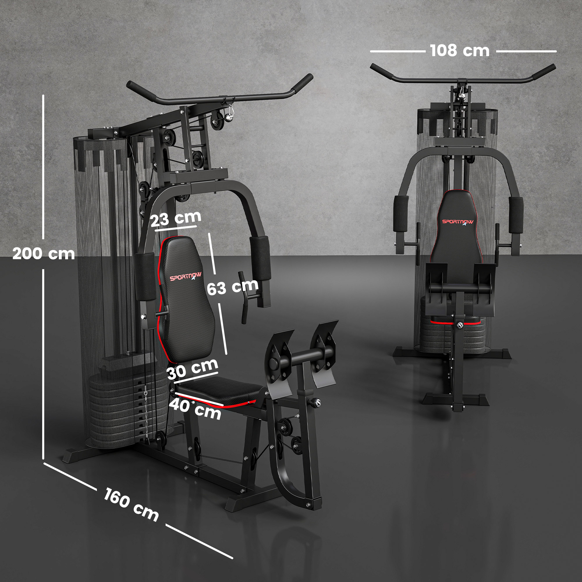 Heim-Fitnessstation mit 45 kg Gewichtsblöcken, Hochseilzug, Bruststation, Beinpresse für vielseitiges Training