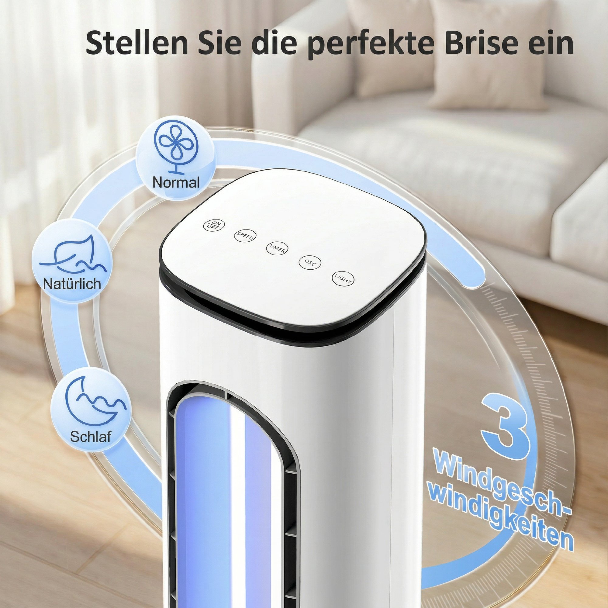 rotorloser Turmventilator für Schlafzimmer, 35 dB leiser Standventilator mit 50° Oszillation, LED-Leuchten, 3 Geschwindigkeiten, 15-Stunden-Timer, Weiß