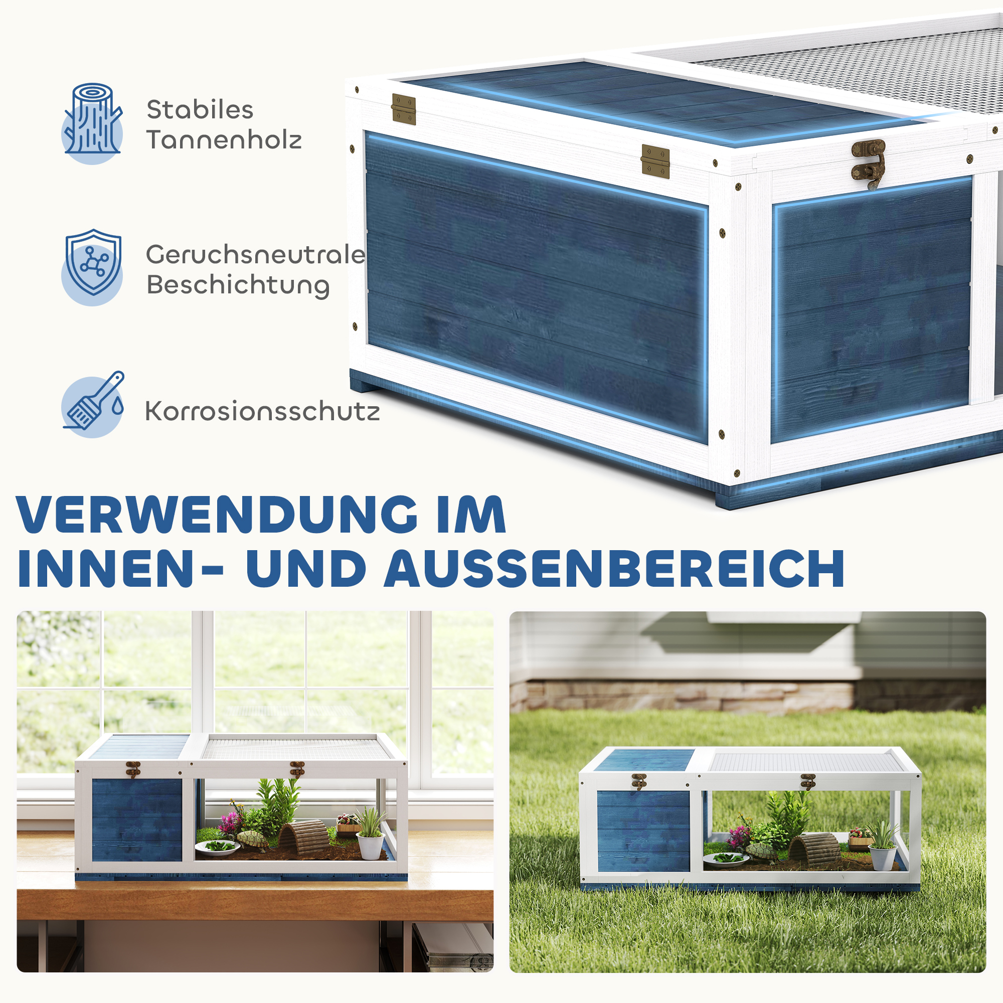 Schildkrötenhaus aus Holz Schildkrötengehege mit Haupthäusern aufklappbarem Oberseite 91x60,5x32 cm, Blau