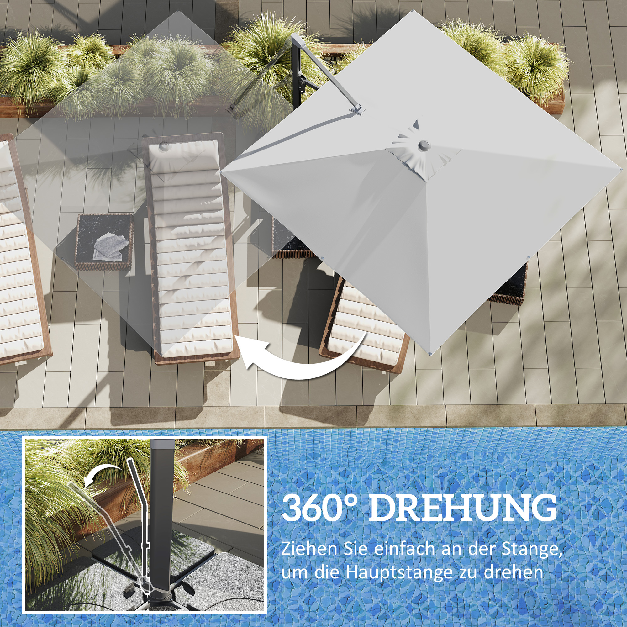 Alu Ampelschirm 3 x 3 m 360° drehbar Sonnenschirm mit Kurbel Ständer Windschutz Hellgrau