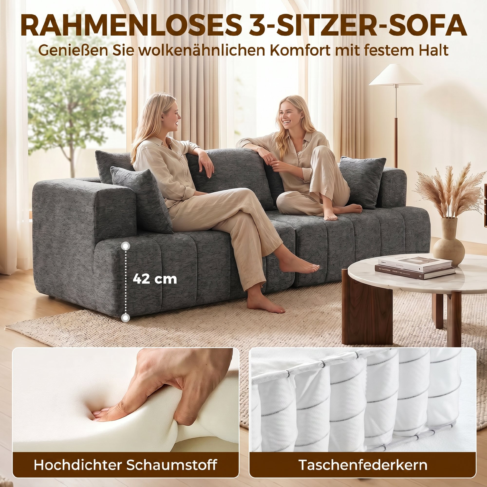 3-Sitzer-Sofa, Cloud-Sofa aus Chenille mit dicker Federkernpolsterung, breiter und tiefer Sitzfläche, breiten Armlehnen, Kissen, grau