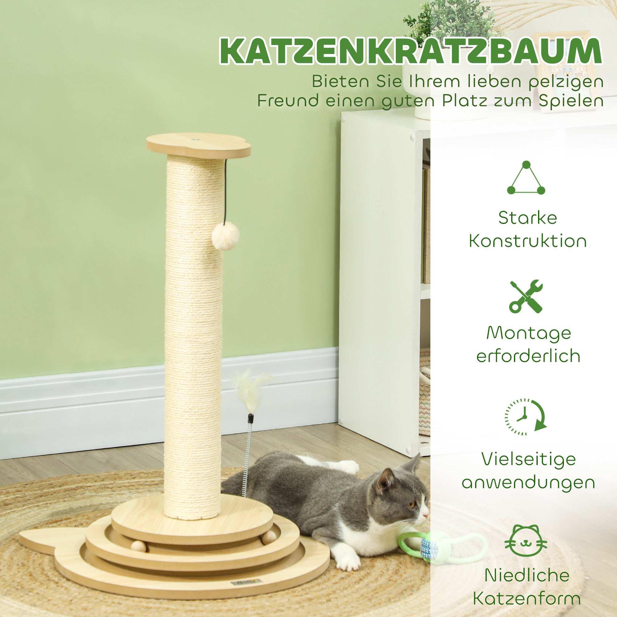 Katzenkratzbaum, 69 cm, Sisal-Kratzpfosten, Kugelbahn, Spielball, Spielfeder, 4-in-1-Design, Cremeweiß