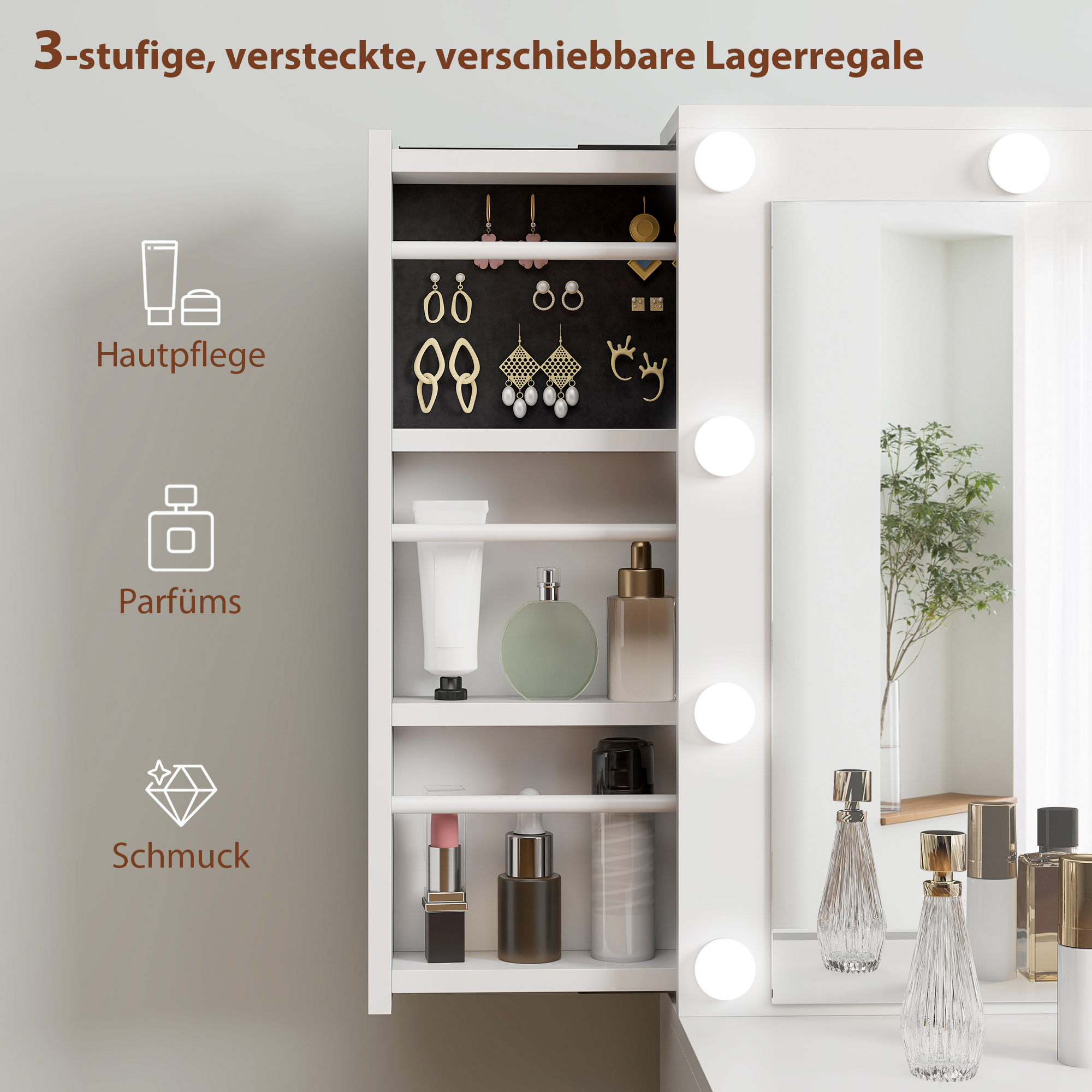 Schminktisch mit Spiegel und 12 LED-Lichtern, Frisiertisch mit 7 Schubladen, 6 versteckte Staufächer, Spanplatte, Weiß