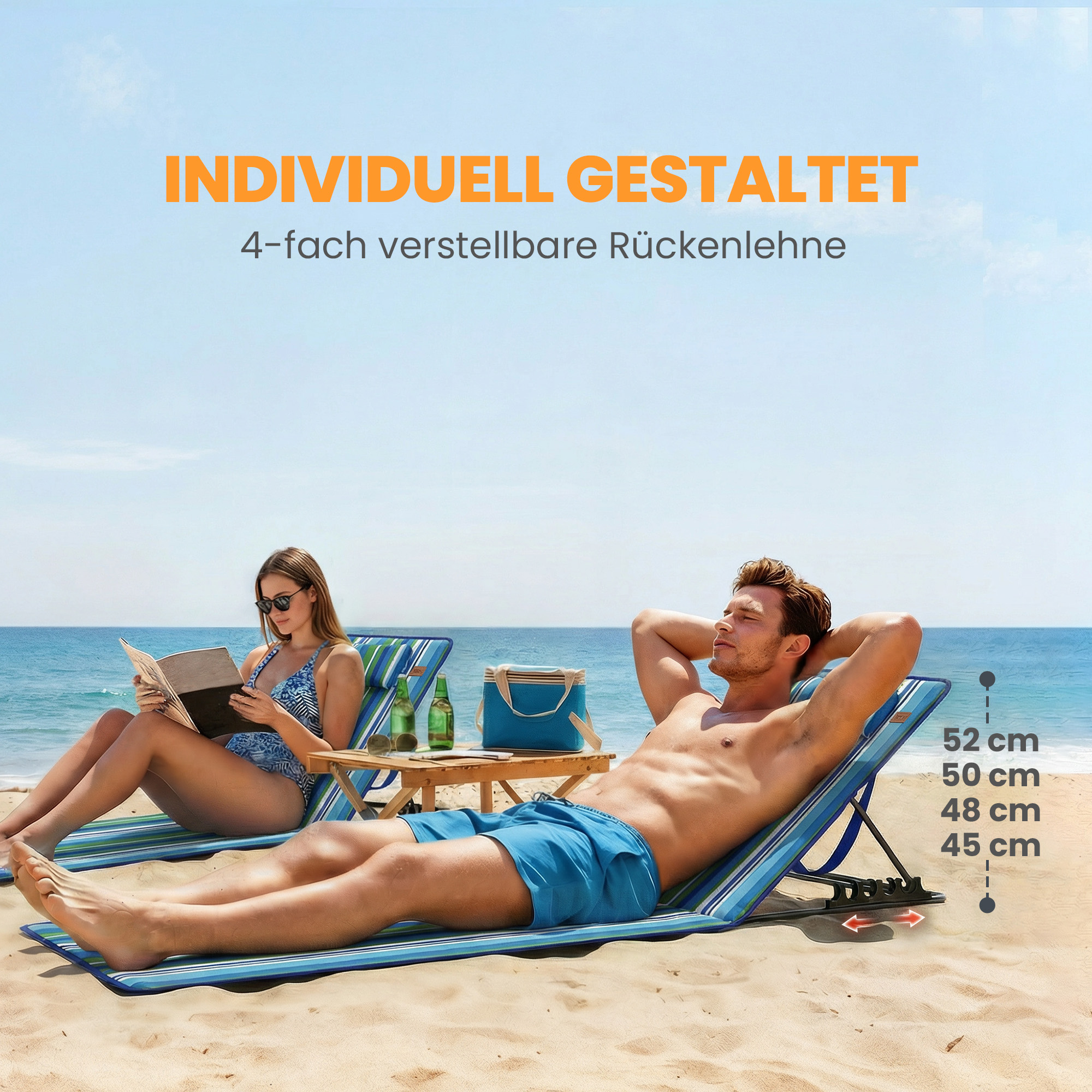 2er Set Strandmatte mit Verstellbarer Rückenlehne klappbar leicht Strandliege mit Kopfkissen Aufbewahrungstasche