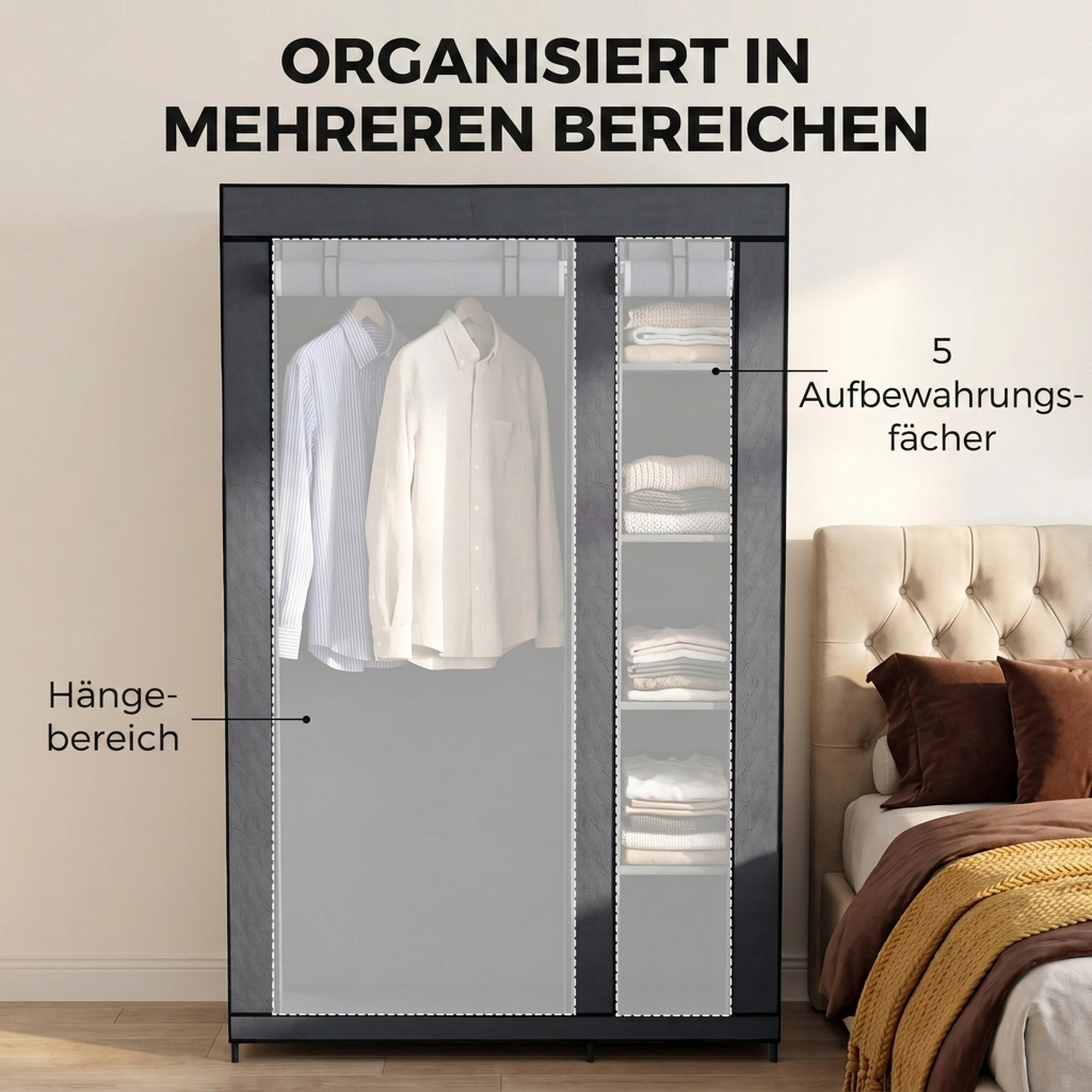 Mobiler Stoffkleiderschrank mit Kleiderstange und 5 Ablagefächern, Grau