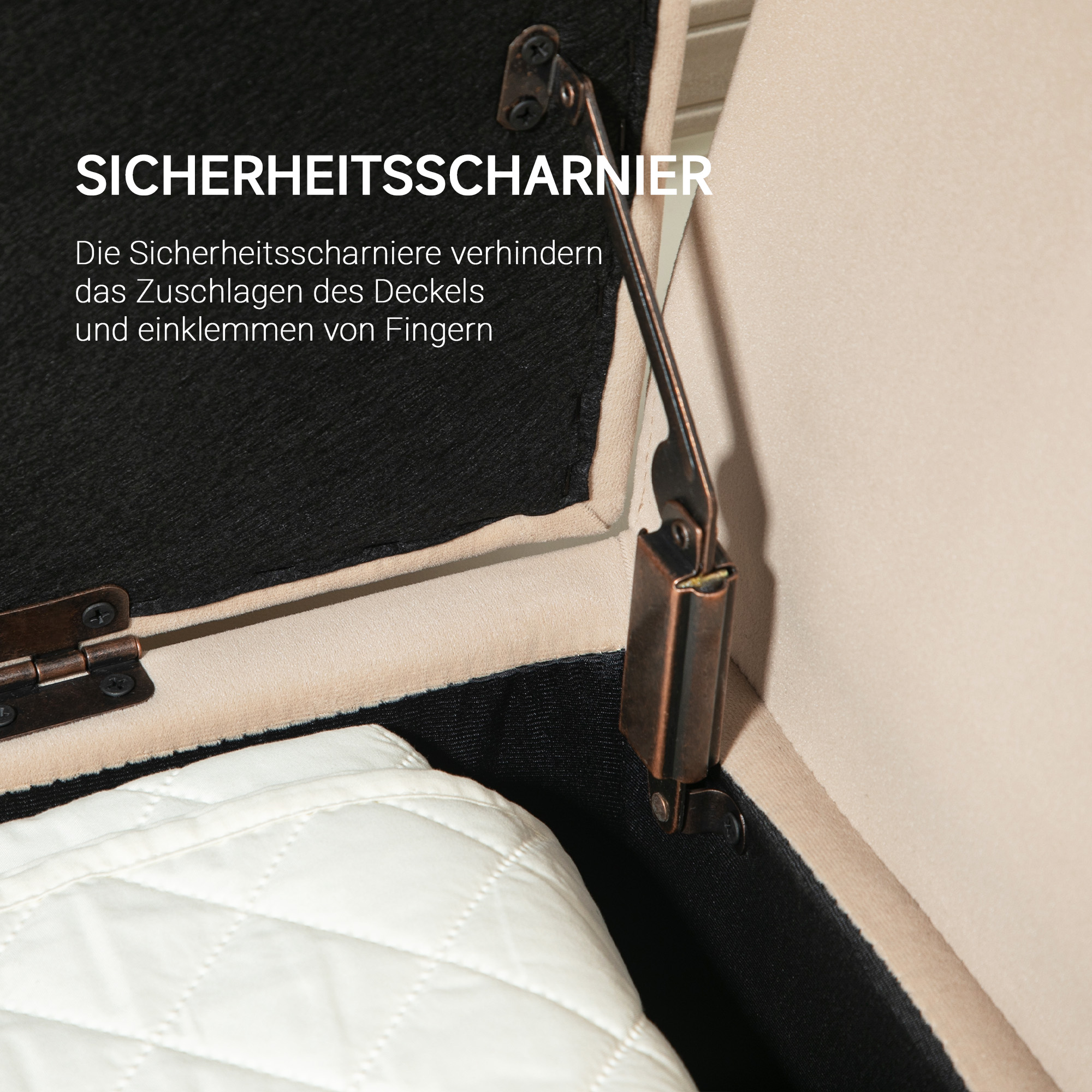 Polsterbank mit Stauraum, Armlehnen, Samtartiges Polyester, Kautschukholz, 107 x 42 x 65 cm, Beige