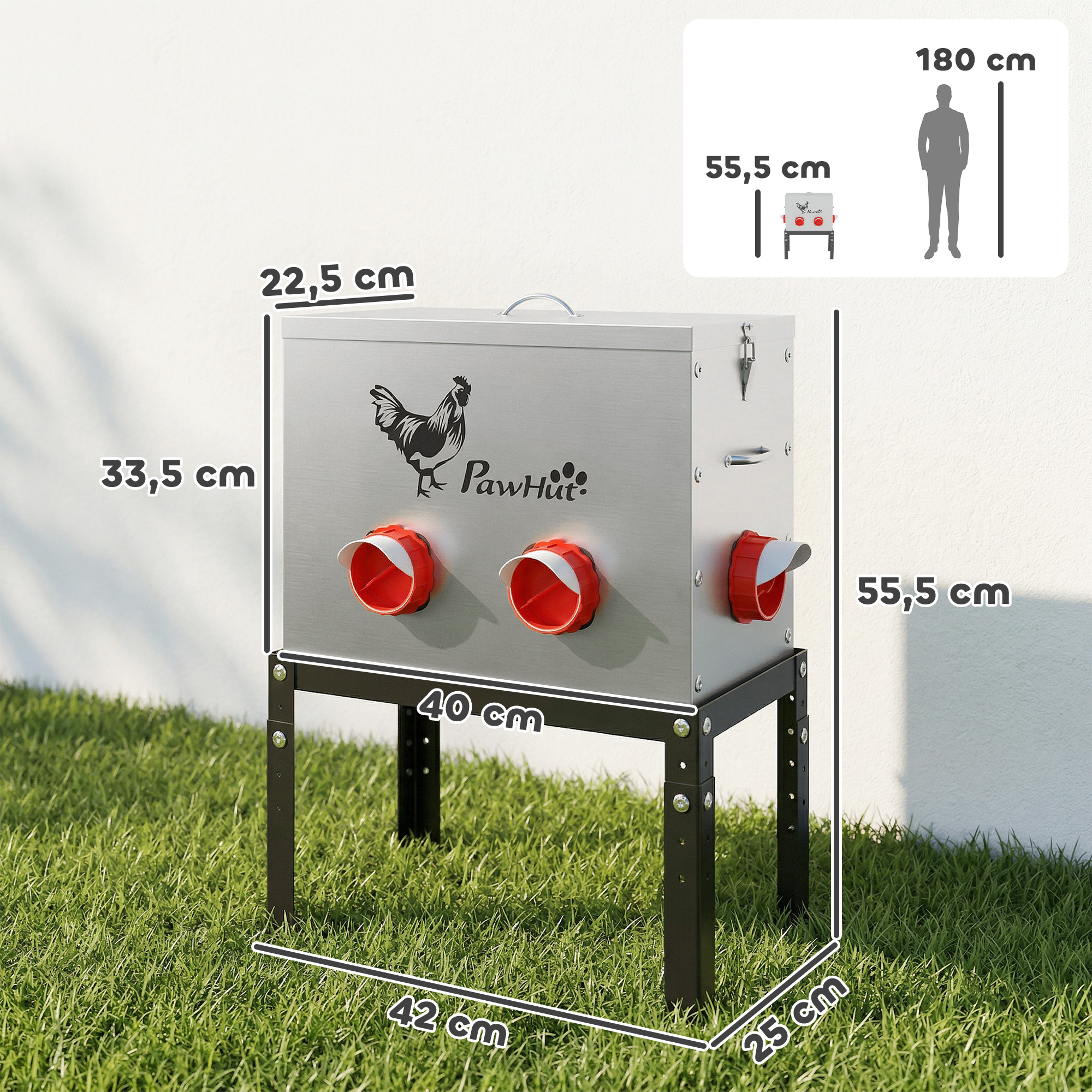 Futterautomat Hühner 18 kg Füllmenge mit abschließbarer Deckel verstellbarer Beine 6 Öffnungen 42x25x55,5 cm Silber