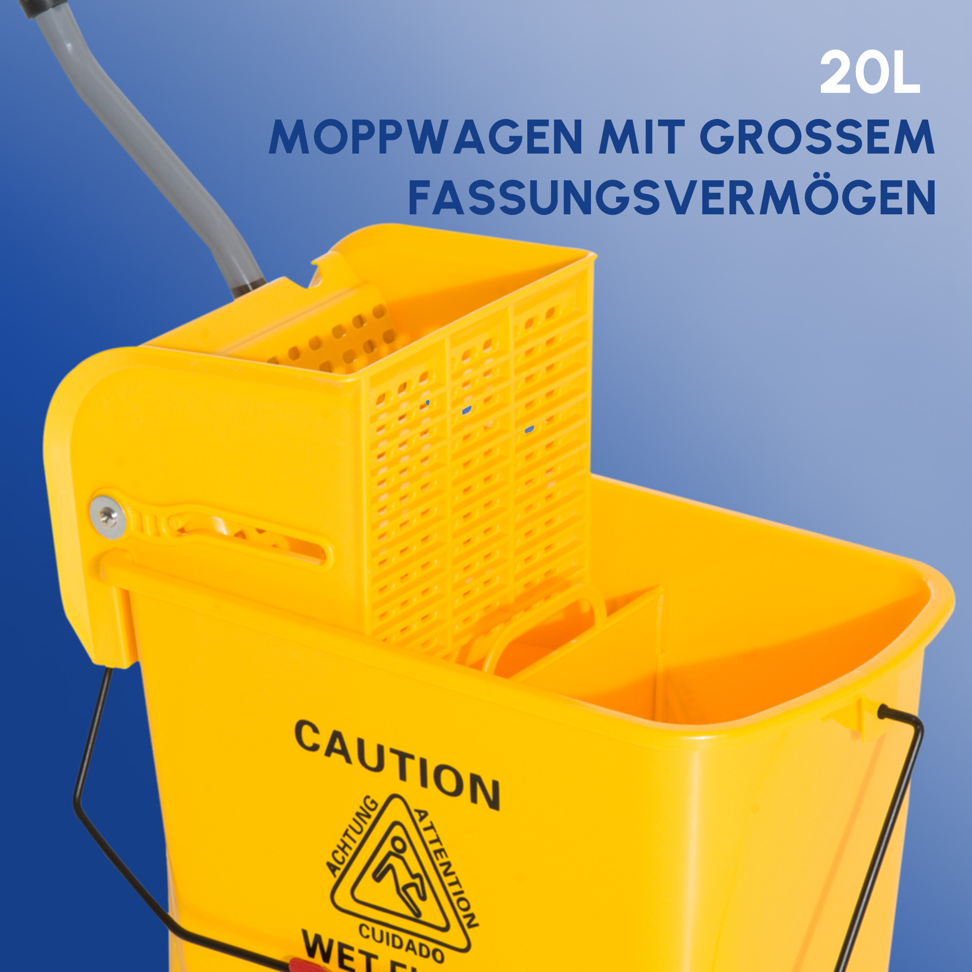 20l Mopp-Eimer mit Auswringer und Griff, Wischmopp-Eimer auf Rädern, Kunststoff, Gelb