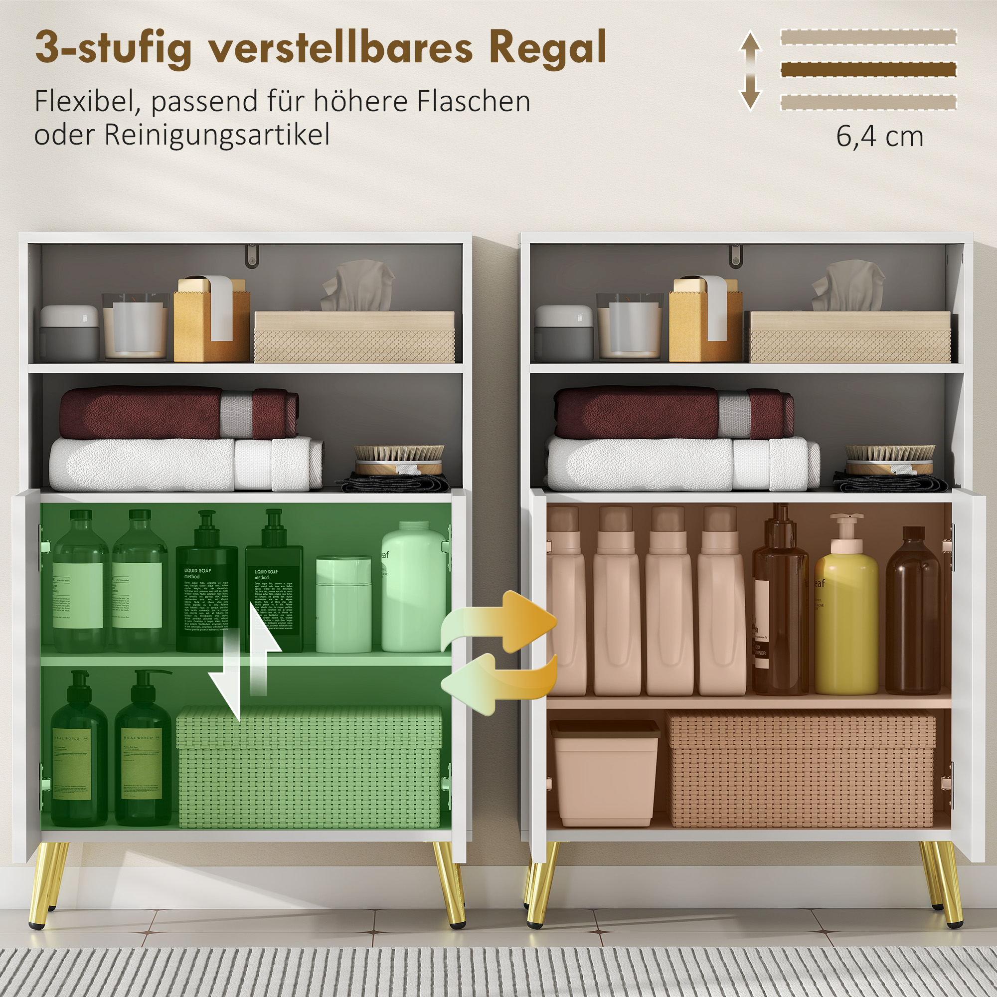 Badezimmerschrank, Kommode für Wohnräume, Soft-Close-Türen, 2 offene Regale, MDF, Weiß