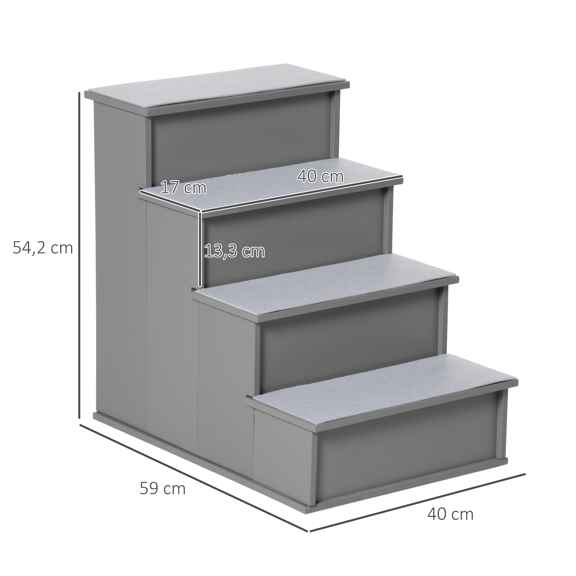 Haustiertreppe, für Hunde/Katzen, 4-stufig, Kurzplüsch, bis 30 kg, 40 x 59 x 54,2 cm, Grau
