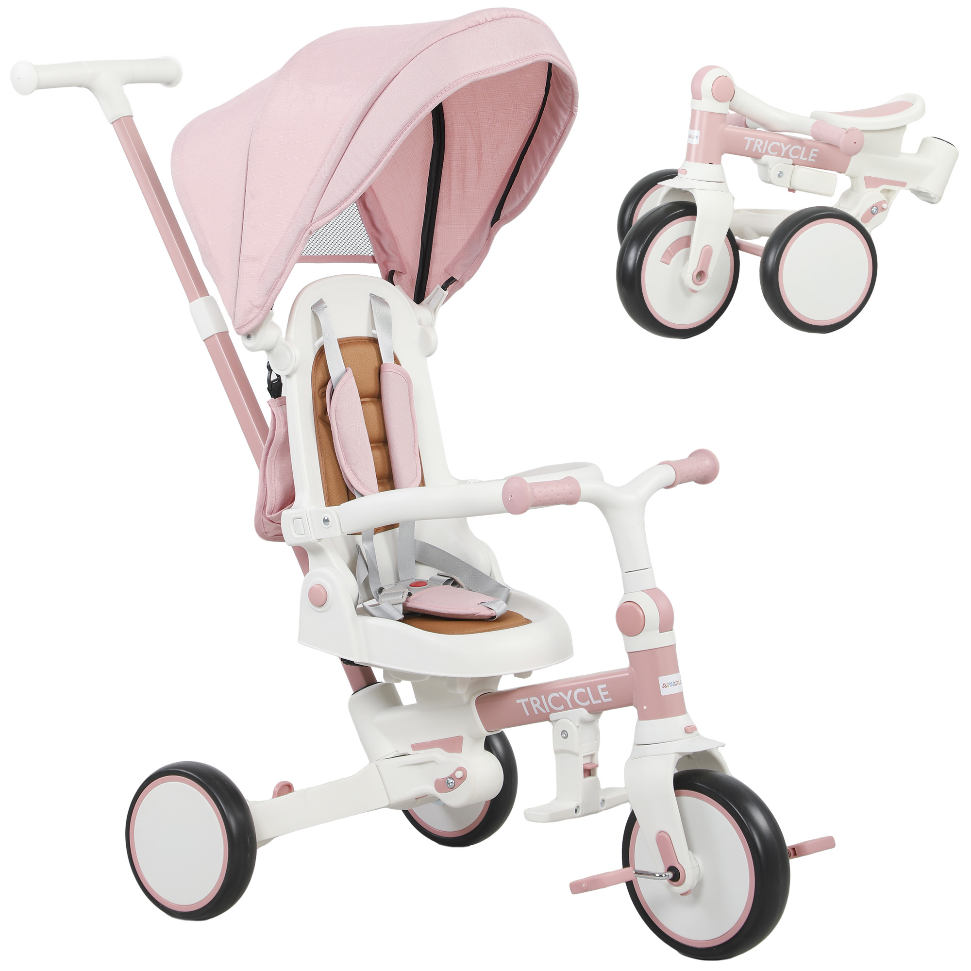 Kinder-Dreirad, wandelbarer Baby-Buggy, 5-in-1 Design, abnehmbarer Schiebegriff, verstellbar, Sicherheitsgurt, Aufbewahrungstasche, 1-3 Jahre, Rosa Kinder-Dreirad, wandelbarer Baby-Buggy, 5-in-1 Design, abnehmbarer Schiebegriff, verstellbar, Sicherheitsgurt, Aufbewahrungstasche, 1-3 Jahre, Rosa
