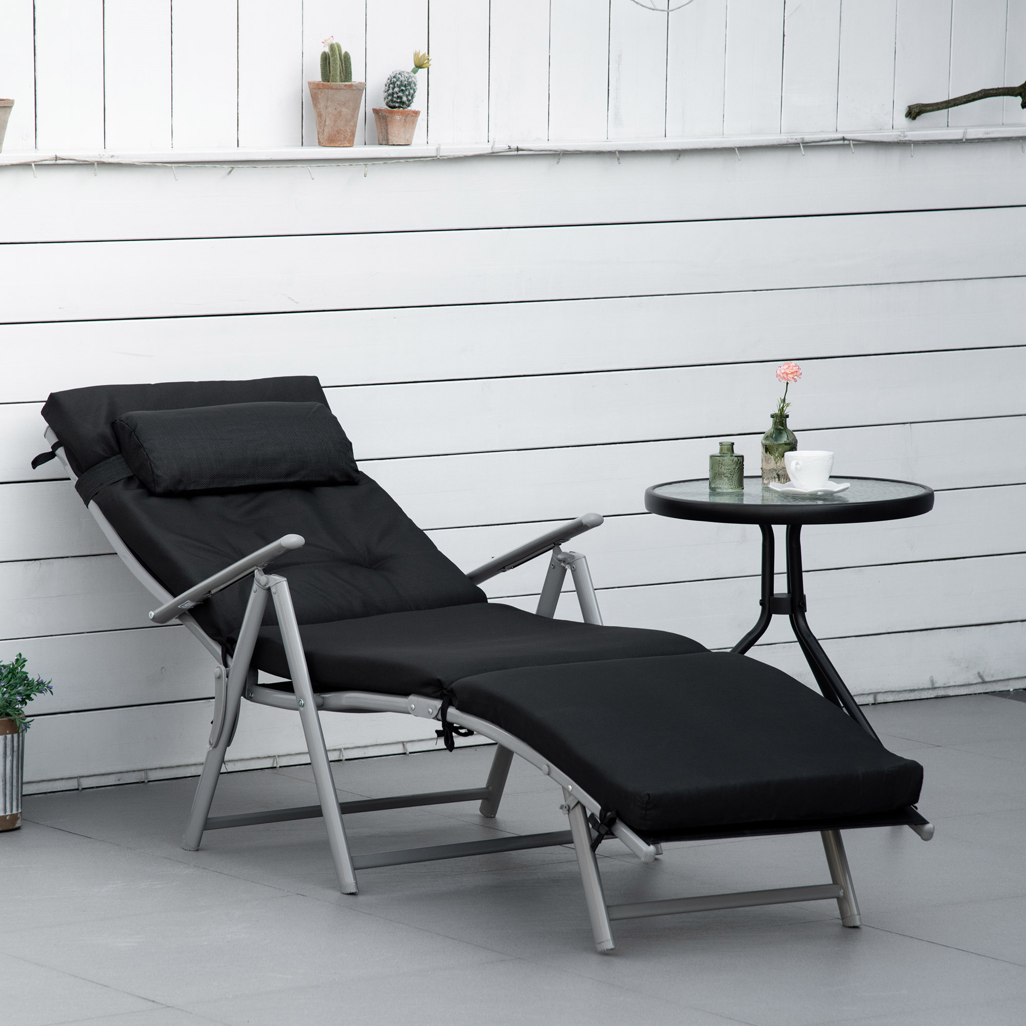 Sonnenliege klappbar Strandliege mit Kopfkissen Sitzkissen Liegestuhl mit 7-Fach verstellbare Rückenlehne Gartenliege Relaxliege bis 165 kg belastbar, für Garten Urlaub Outdoor, Schwarz