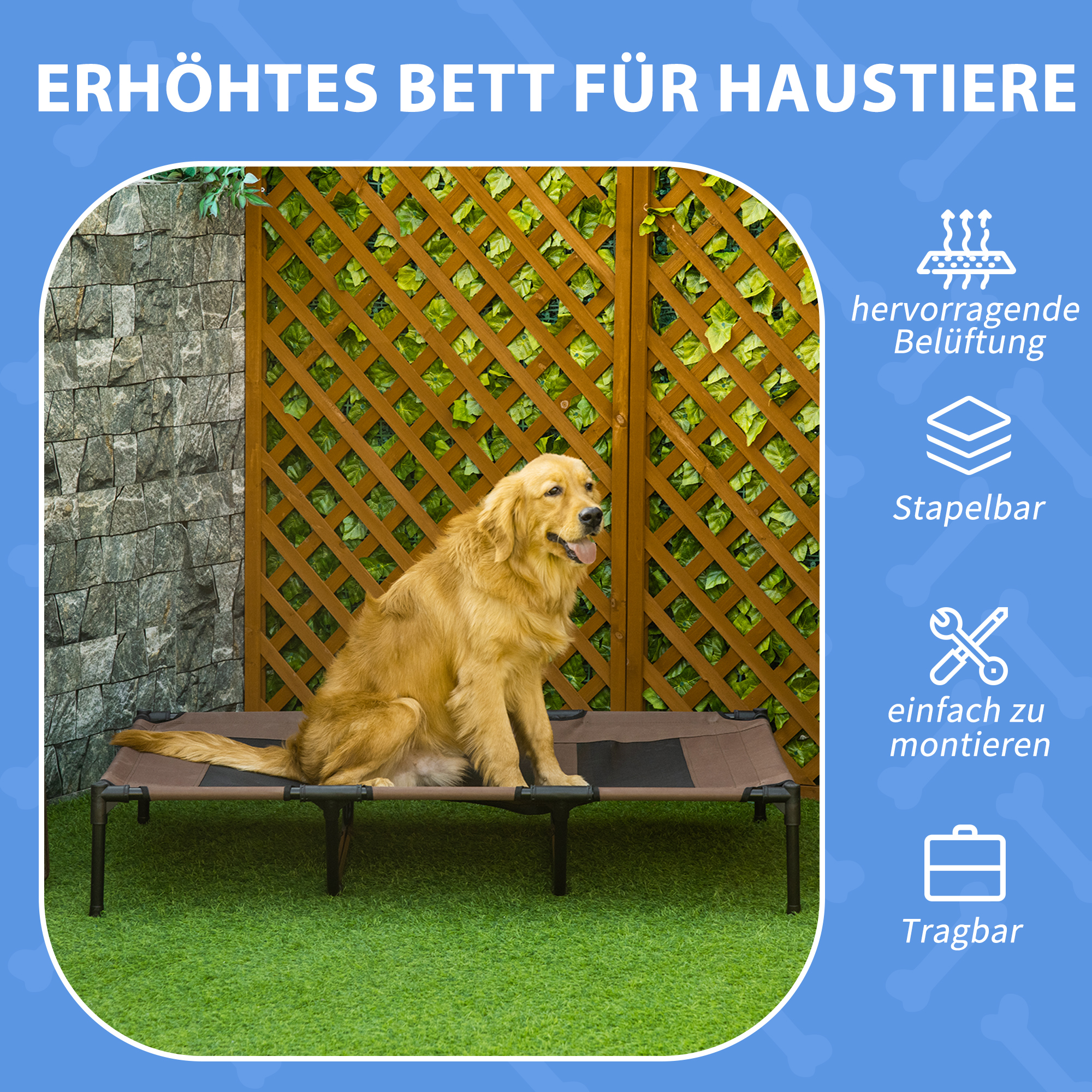 Hundebett, faltbar, Outdoor-Hundebett, erhöhter Stand, 122 cm x 92 cm x 23 cm,  Kaffee-Braun + Schwarz