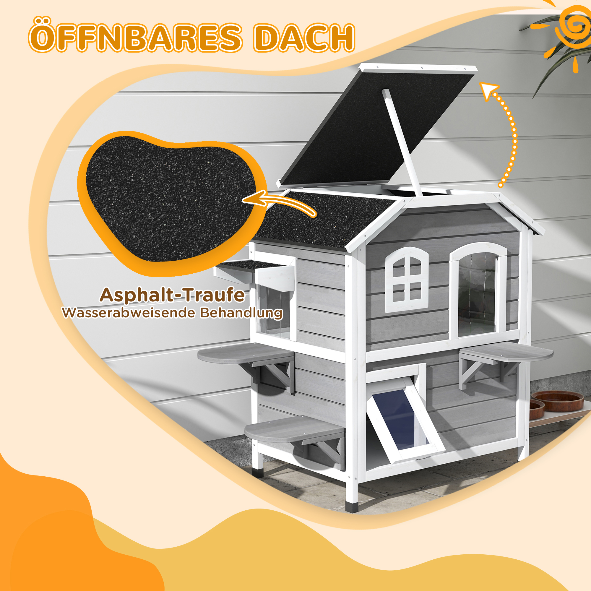 Katzenhaus aus Holz 2-Etagen Winterfest wasserdicht Katzenhütte mit Asphaltdach klappbarem Deckel Treppe Katzenhöhle Outdoor Schutzhütte für Draußen Garten Balkon 99,5 x 76 x 91 cm Grau
