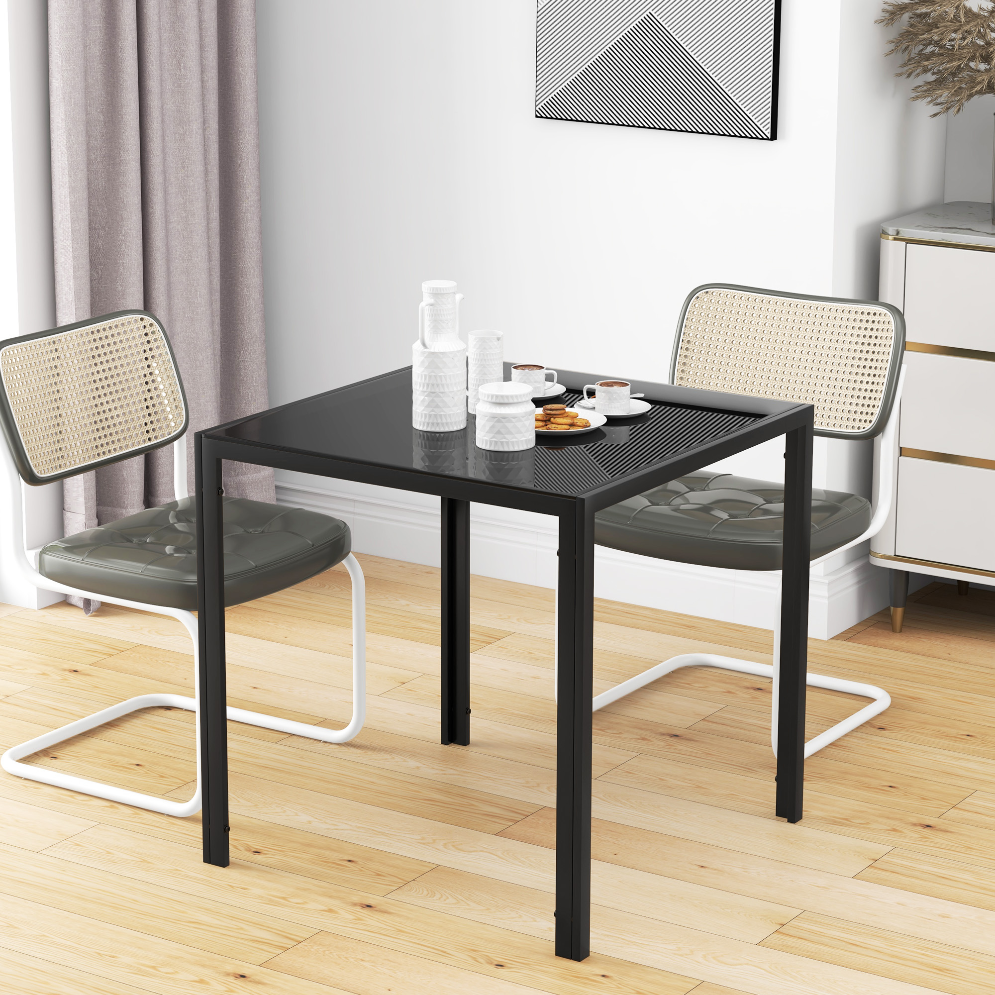 Quadratischer Esstisch für 4 Personen, Tischplatte aus Hartglas, für Küche und Esszimmer, 75 x 75 x 75 cm, Schwarz