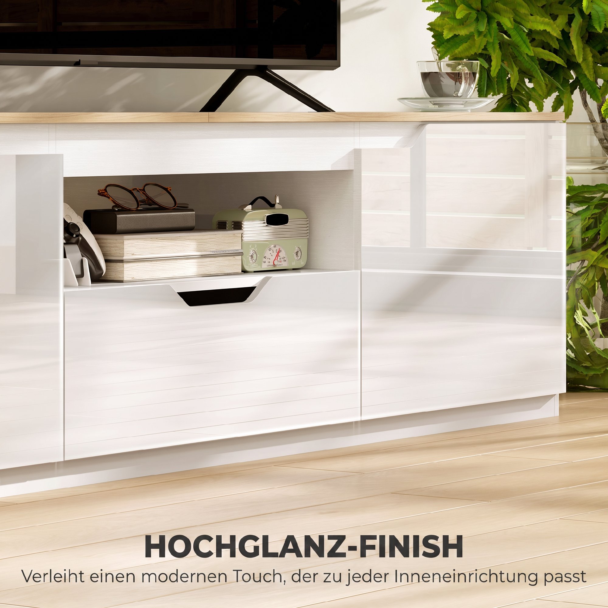 TV-Lowboard, Hochglanz, für Fernseher bis 65'', 3 Fächer, Schublade, 160 x 38 x 43 cm, Naturholz