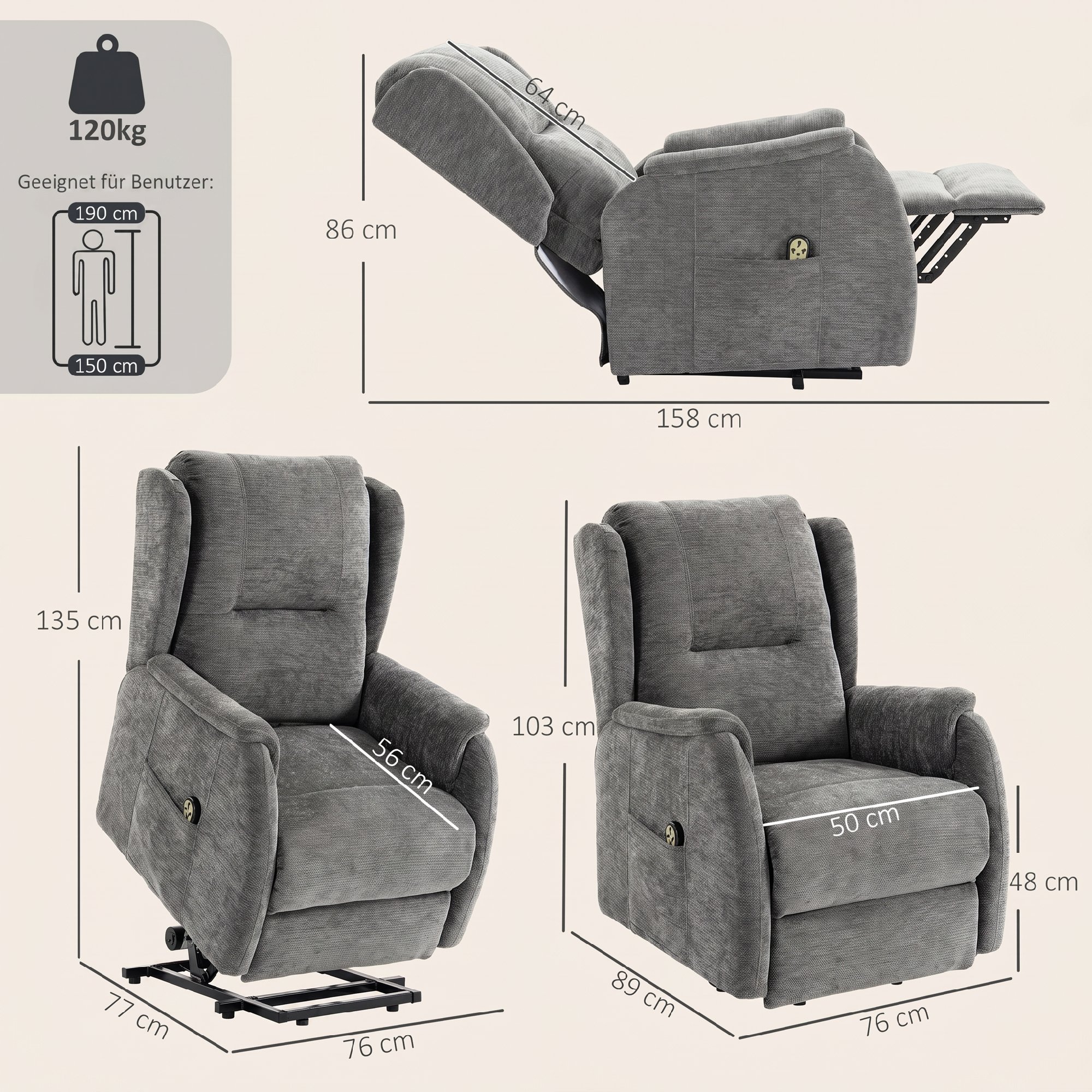Fernsehsessel Relaxsessel mit Aufstehhilfe für Senioren, Chenille-Optik, mit Fernbedienung und Seitentaschen, Dunkelgrau