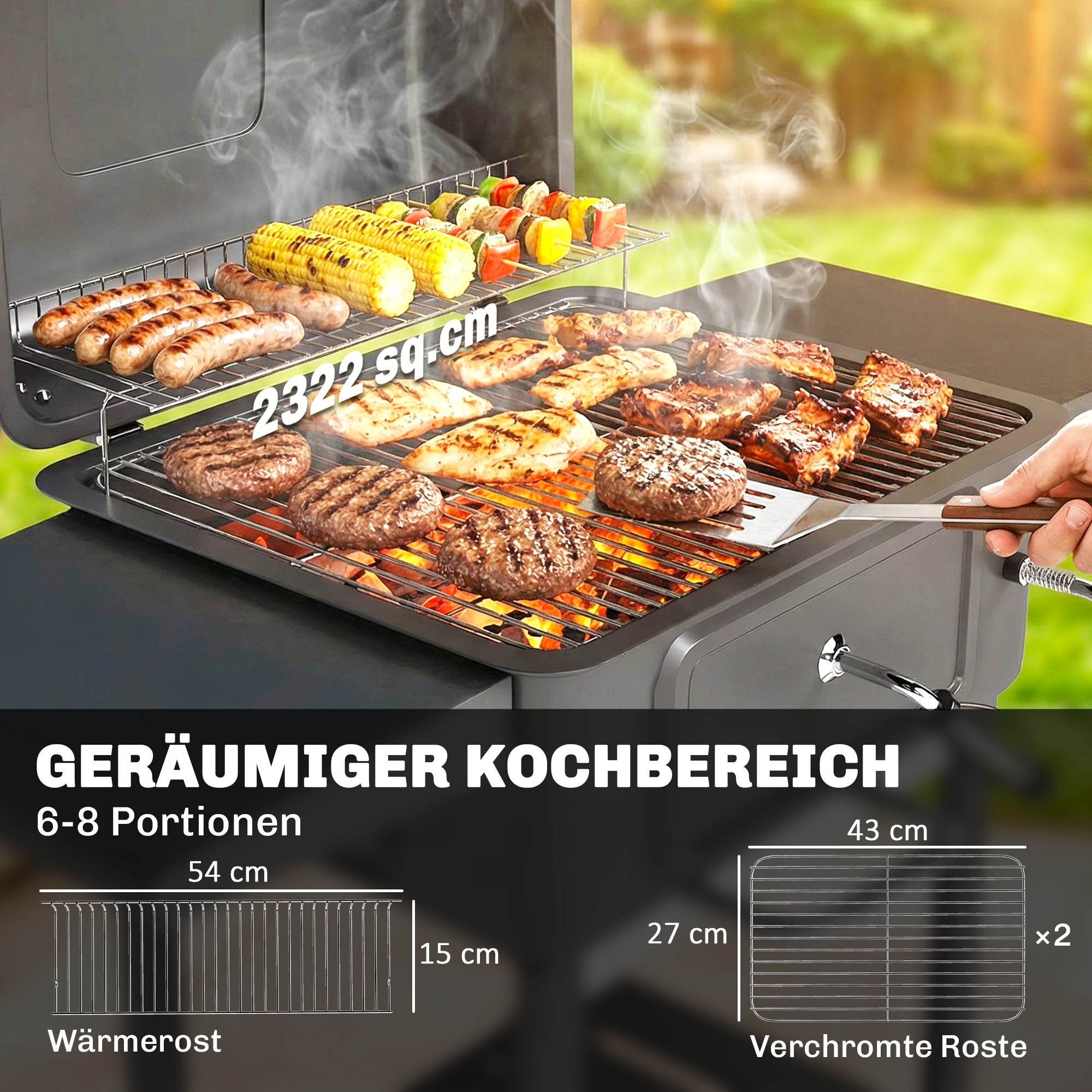 Holzkohlegrill BBQ Smoker mit Deckel Thermometer höhenverstellbar Kohlepfanne Grillrost Seitentisch Aschefach