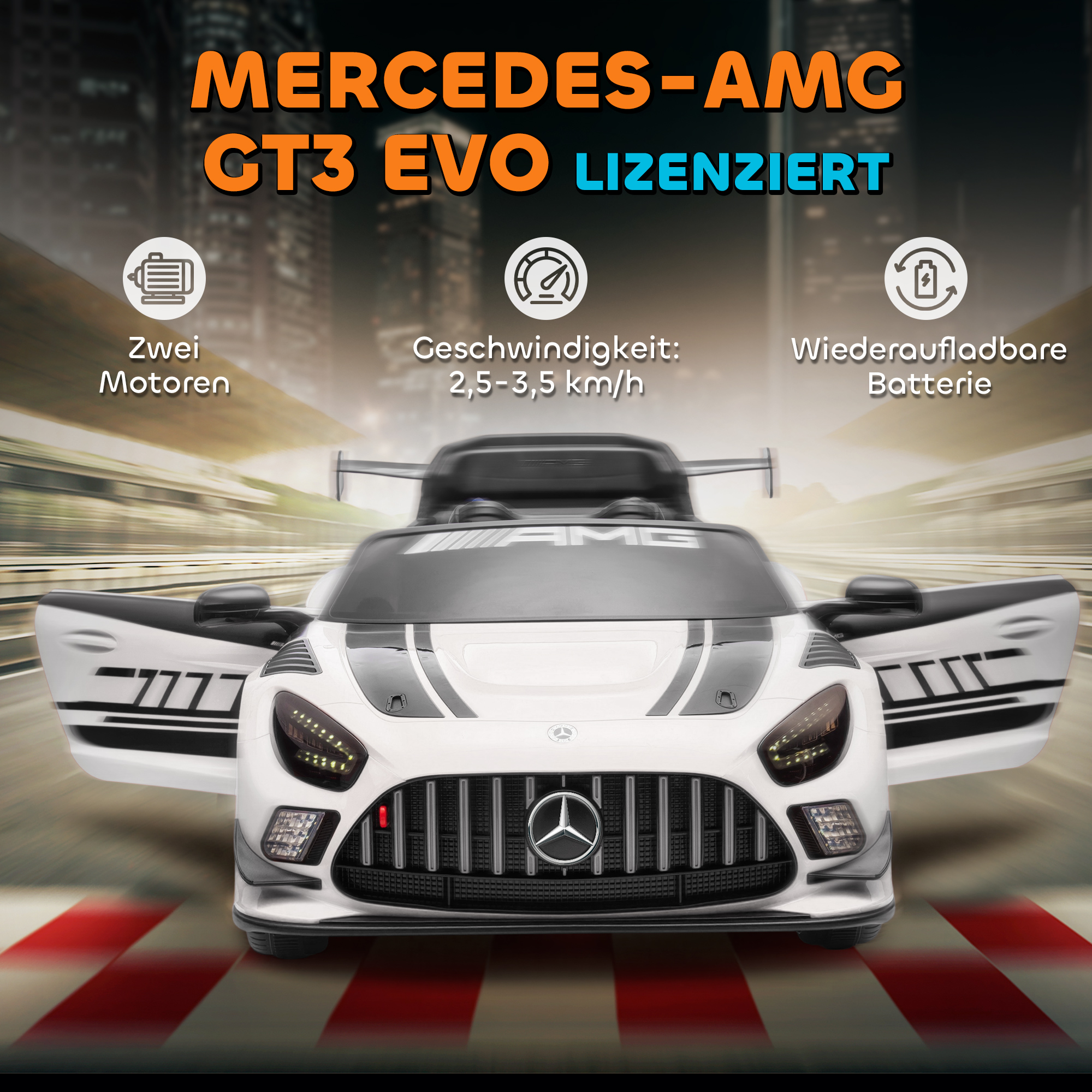 Mercedes-Elektroauto, Aufsitzauto für Kinder, 12V Batterie, LED-Lichter, Musikfunktion, Hupe, 3-8 Jahre, Weiß