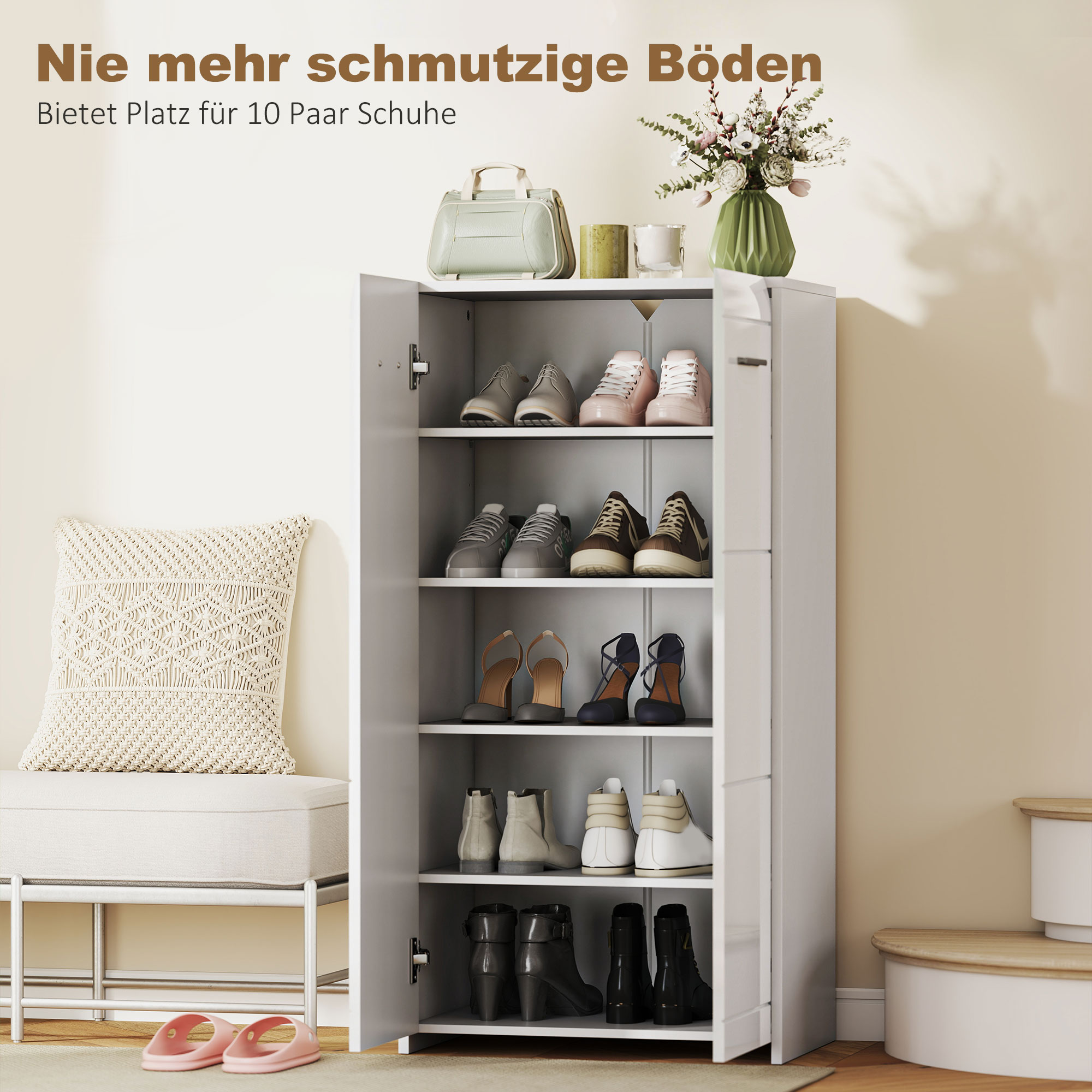 Schuhschrank in Hochglanz, Schuhaufbewahrung mit Verstellbaren Regalböden für Flur, Diele, Platz für 10 Paar, Weiß