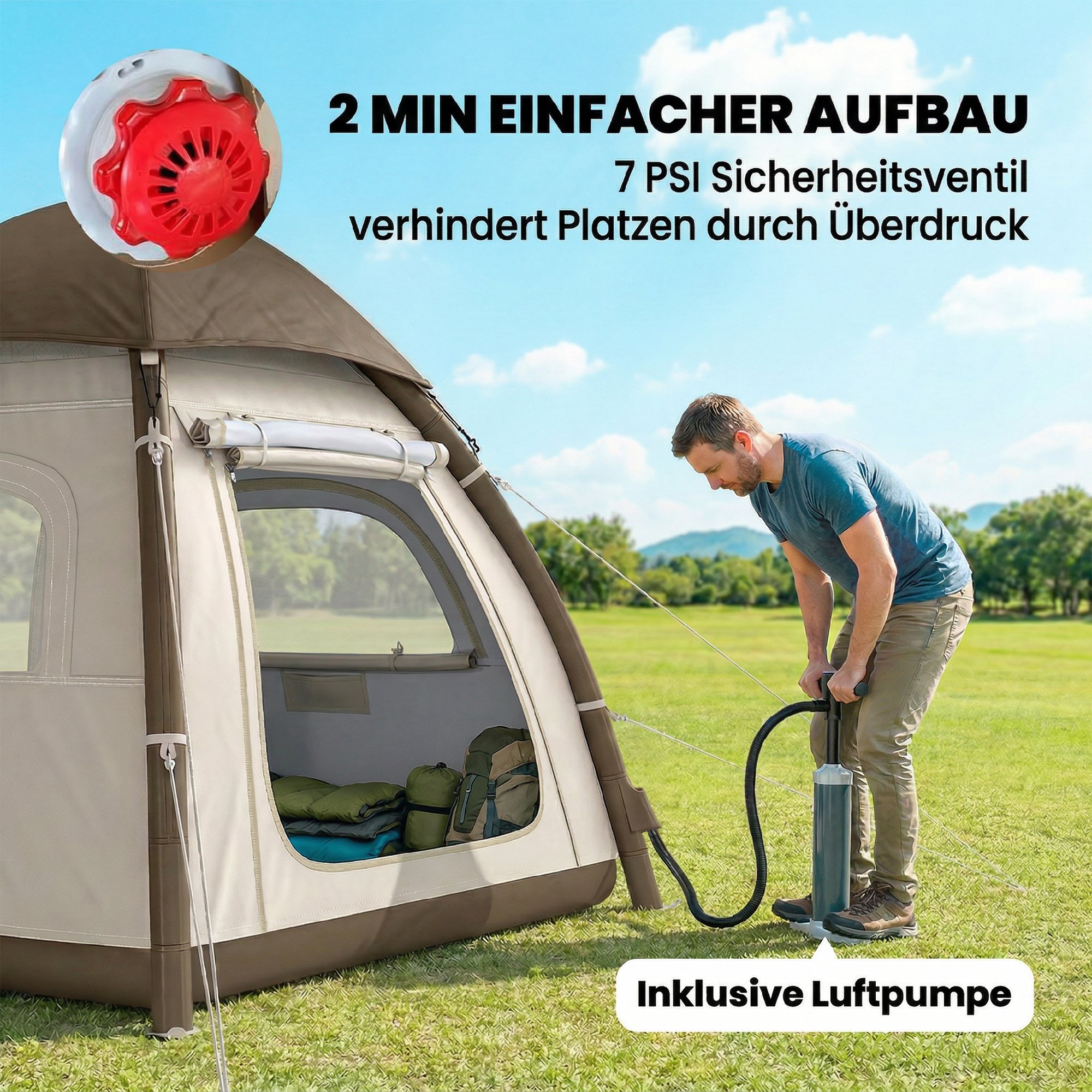aufblasbares Zelt 3 Personen Schneller Aufbau Outdoor Camping Zelt mit Luftpumpe Meshfenster abnehmbar Dach