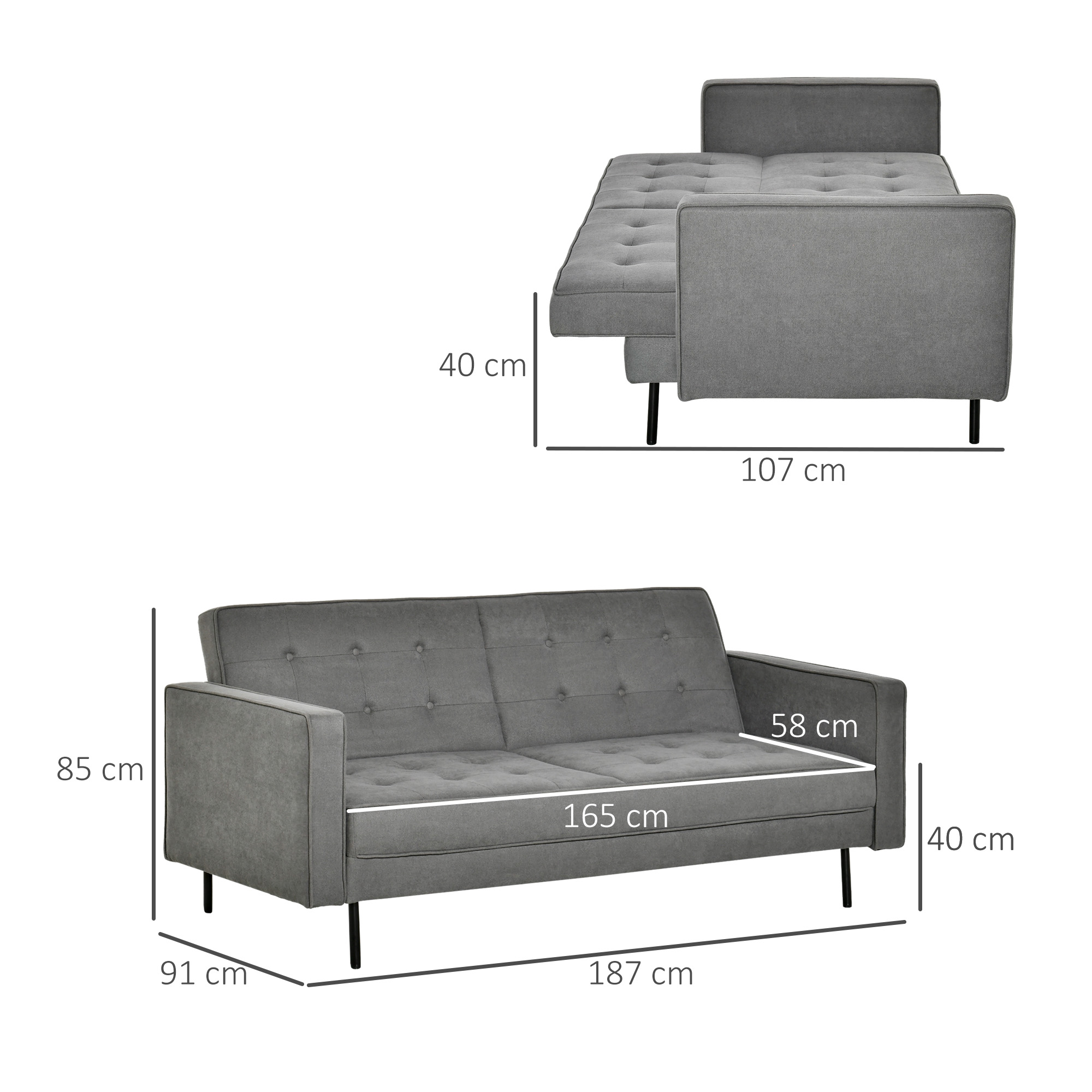 Schlafsofa 3-Sitzer Schlafcouch Stoffsofa Sofa mit Schlaffunktion Bettsofa mit verstellbarem Winkel Vintage Eukalyptusholz Baumwolle Grau