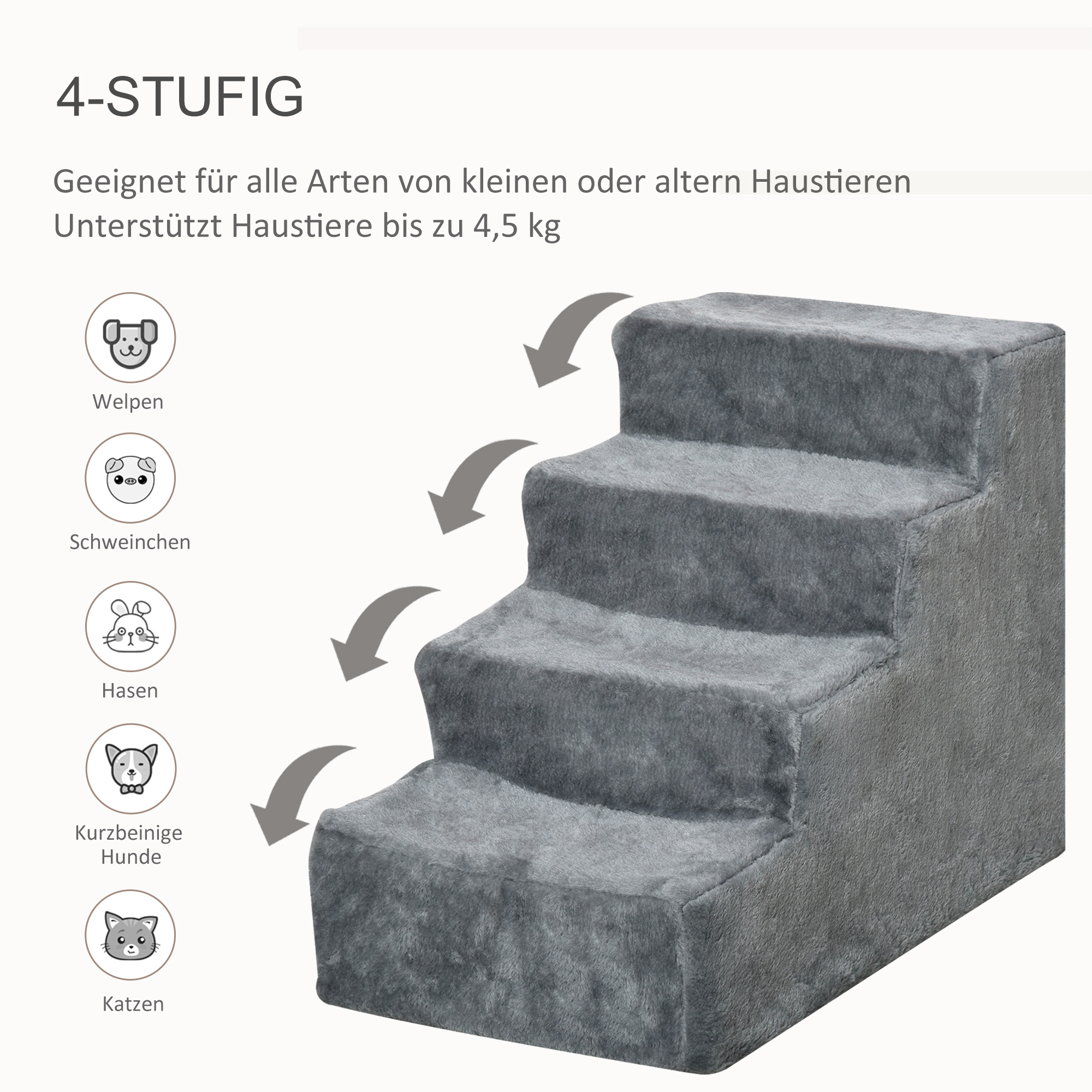 Hundetreppe 4-stufig, 35 cm Katzentreppe für Bett und Sofa, Haustiertreppe für Hunde und Katzen bis 5 kg, Plüschoptik, Hellgrau