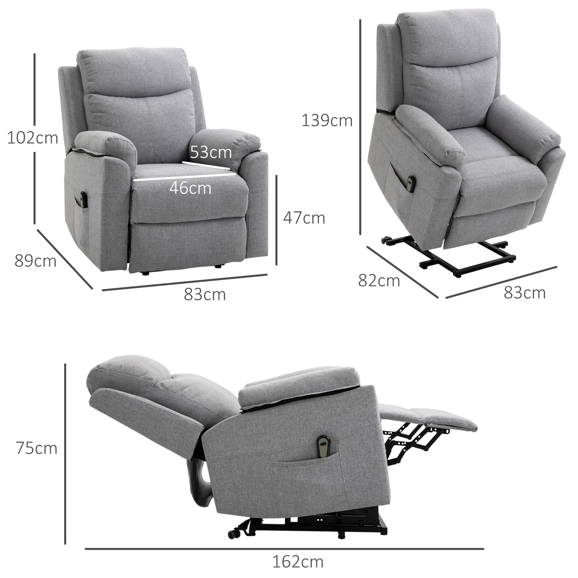 Relaxsessel mit Aufstehhilfe, elektrisch, Liegefunktion, Fernbedienung, Taschenfederkern, bis 120 kg, Grau
