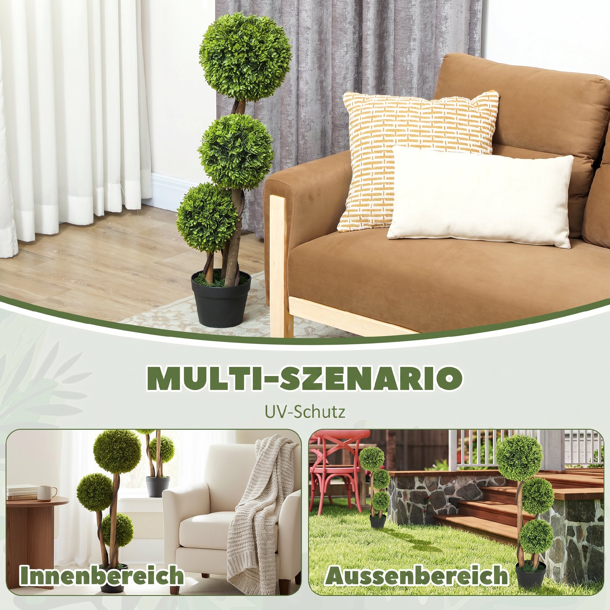 künstlicher Buchsbaum 2er Set, Kunstpflanze, realistisches Aussehen, Outdoor, Grün + Schwarz