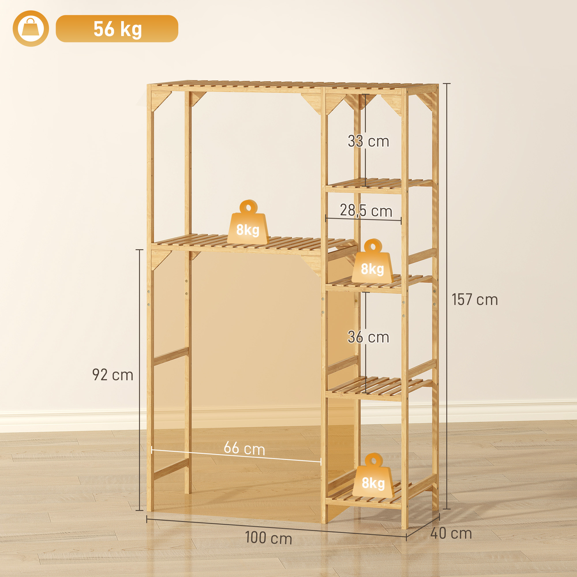 Waschmaschinenregal, mehrere offene Fächer, für Wäsche, Zubehör, Bambusholz