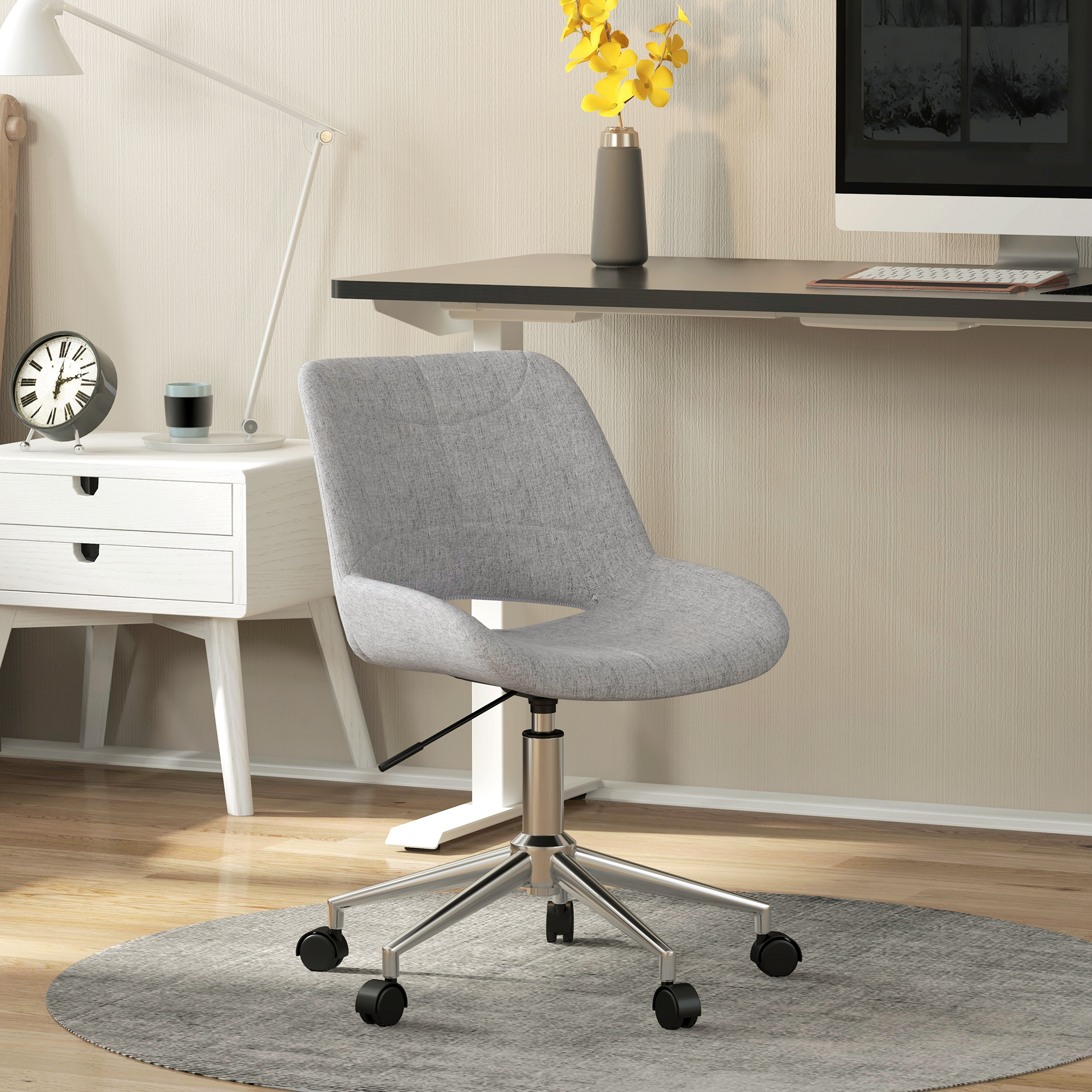 Bürostuhl, höhenverstellbar, um 360° drehbar, bis 110 kg, Metallrahmen, hellgrau, 49 x 56,5 x 73-82,5 cm