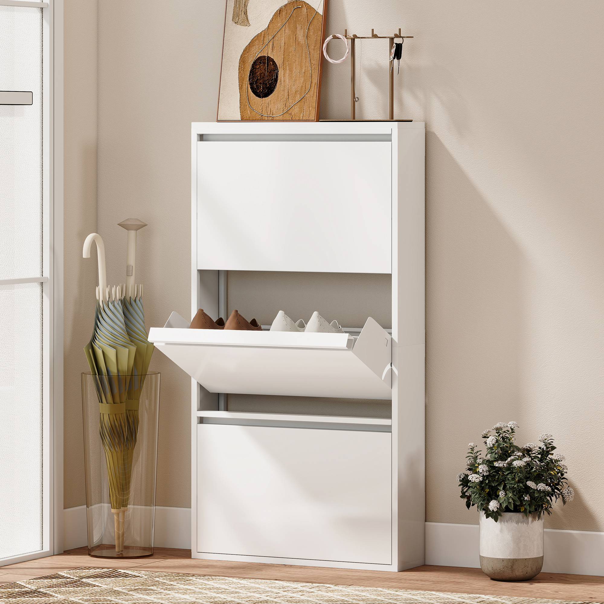 Metall-Schuhschrank mit 3 Klappfächern, schlanker Schuhschrank, wandmontiert, für 6 Paar Schuhe, Weiß