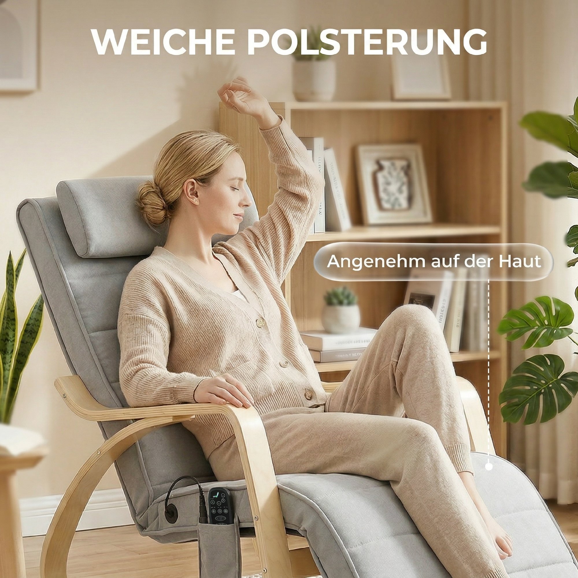 Schaukelstuhl mit Massage, Heizung, Kopfstütze & Fußstütze, Samtbezug, Relaxsessel, Hellgrau
