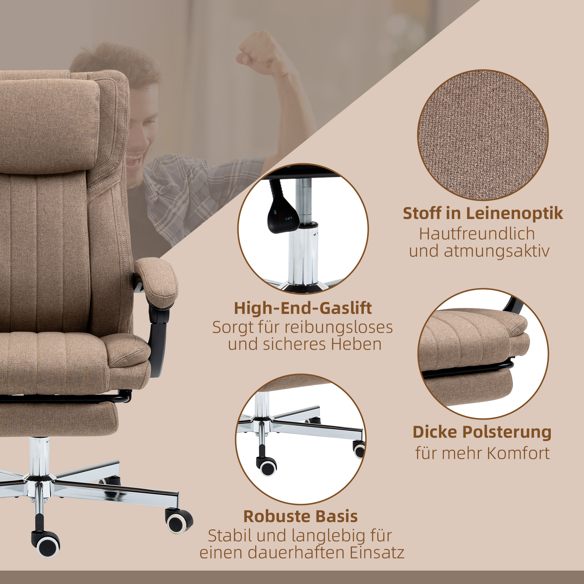 Bürostuhl mit Massagefunktion, neigbare Rücklehne, ausziehbare Fußstütze, Leinenoptik, 65 x 61 x 118 cm, Braun