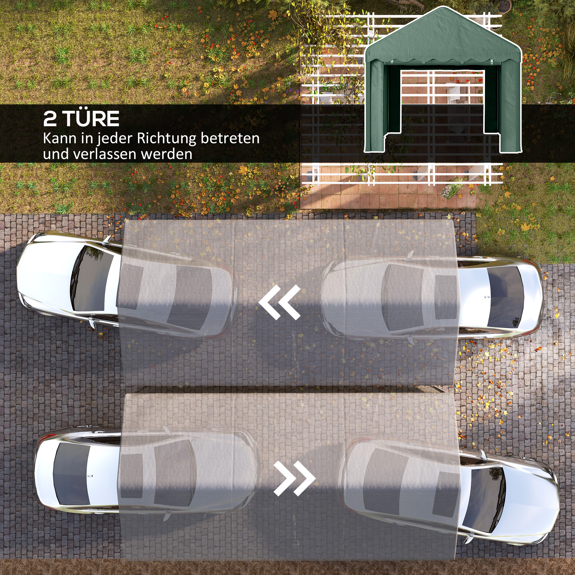 3x6 m Tragbarer Carport, Fahrzeugunterstand mit 2 Eingängen, Polyesterdach, für Autos, Boote, Gartengeräte, Dunkelgrün