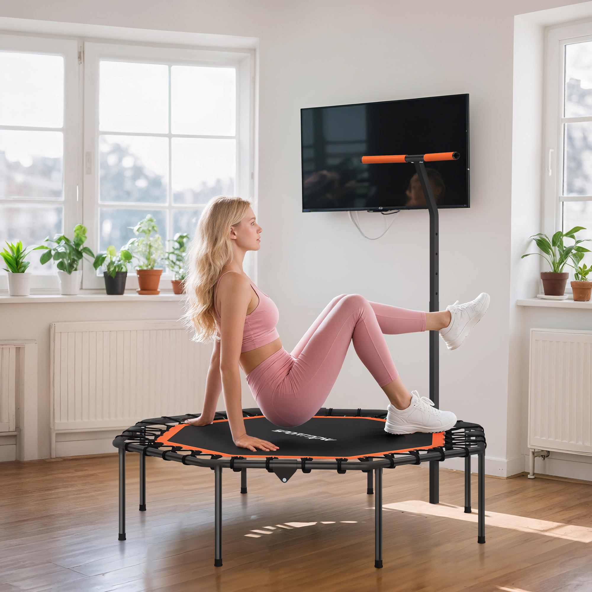 Fitness-Trampolin, Trainingstrampolin mit verstellbarem Haltegriff, stabil und leise, für drinnen, Stahl, Orange
